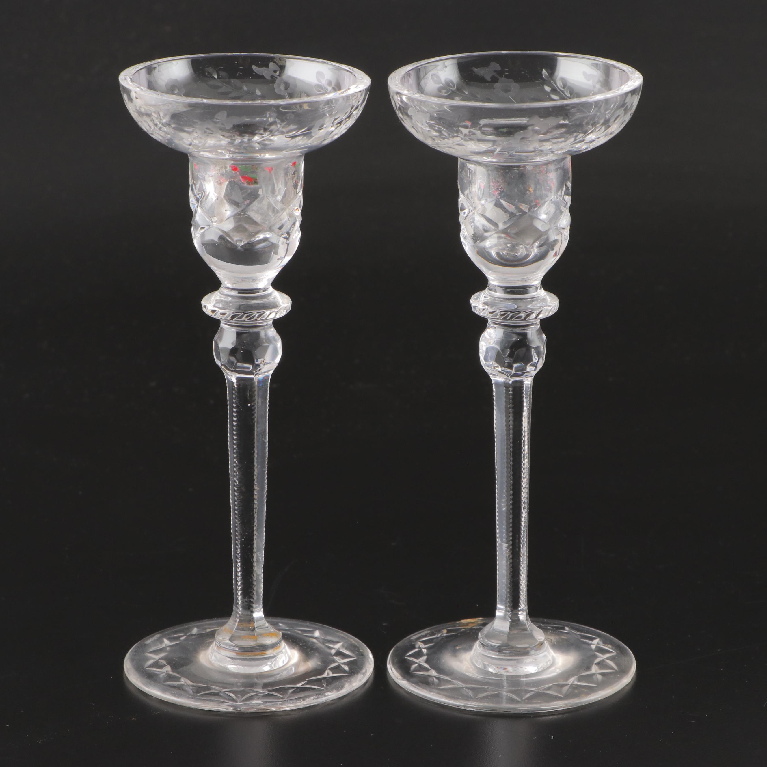 Rogaska Crystal Candlesticks with Square Plates and Beaker Vase