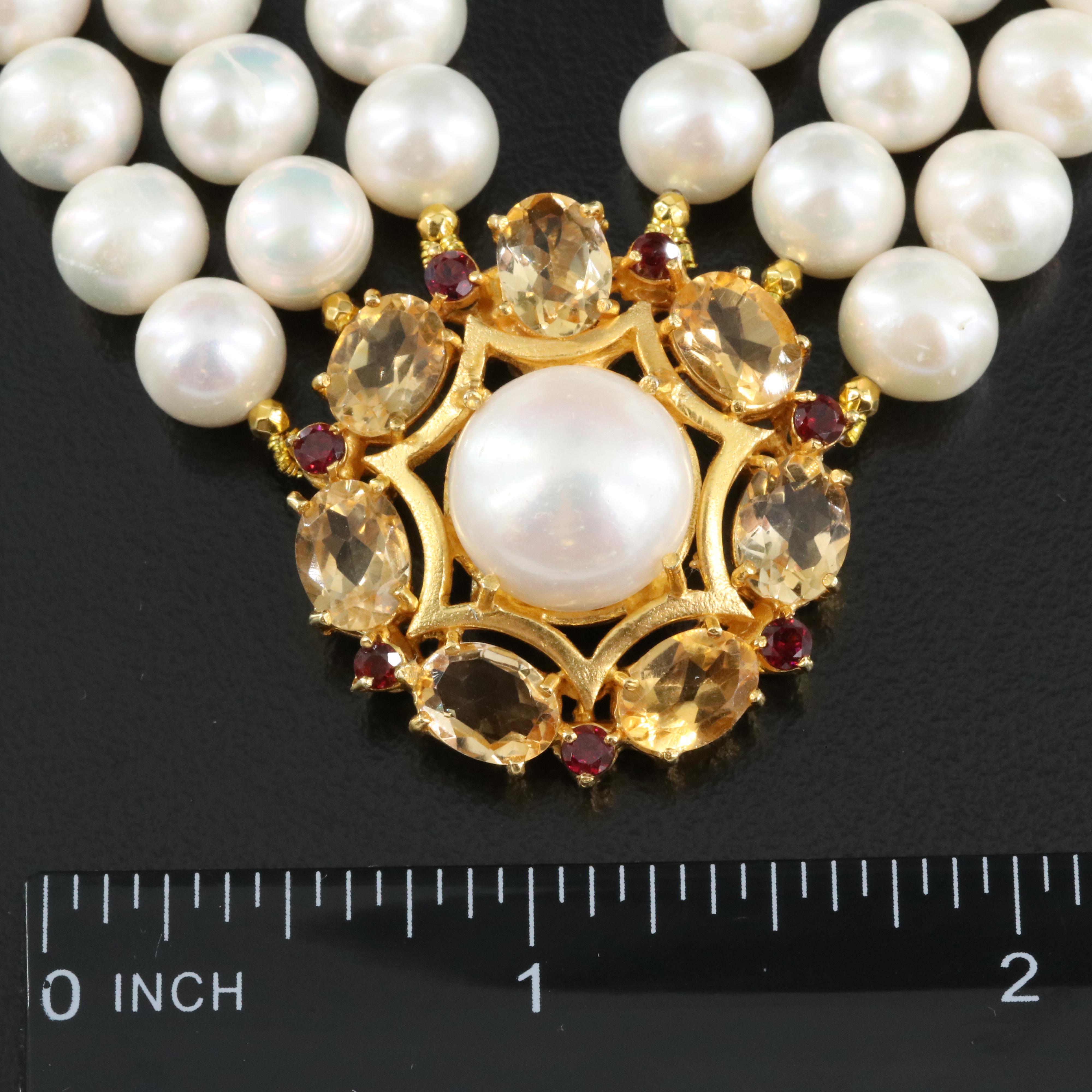 Sterling Pearl, Citrine and Garnet Triple Strand Necklace