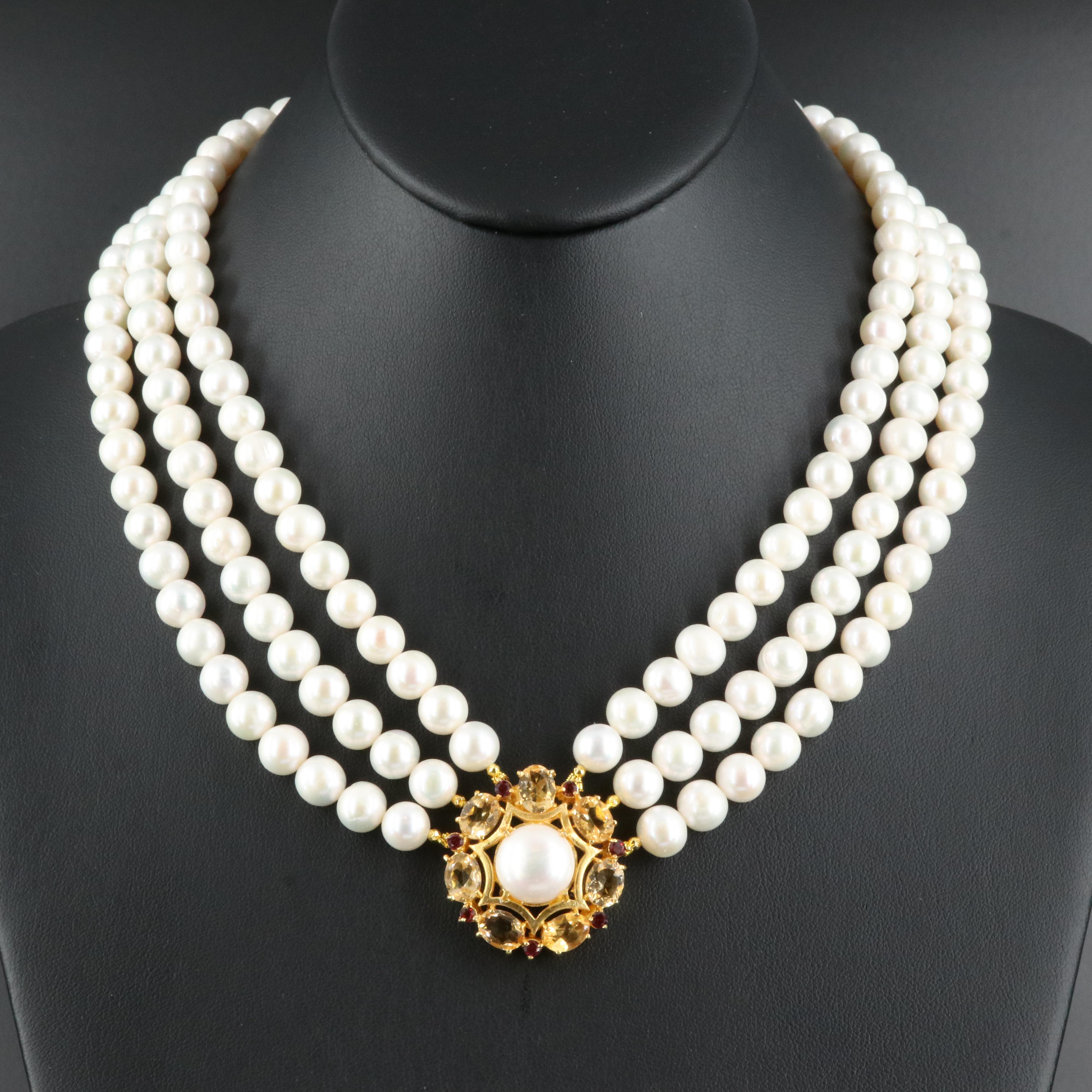 Sterling Pearl, Citrine and Garnet Triple Strand Necklace