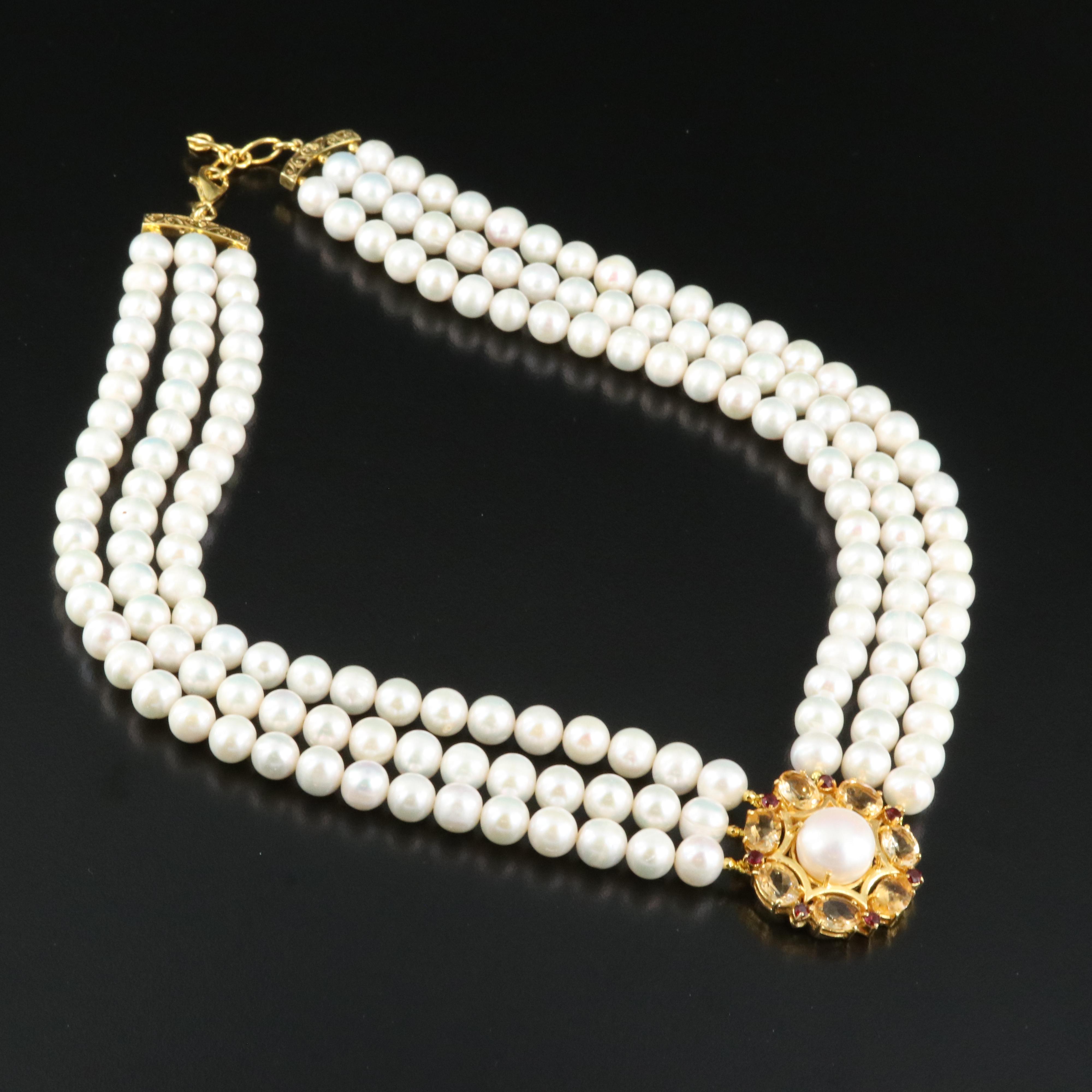 Sterling Pearl, Citrine and Garnet Triple Strand Necklace