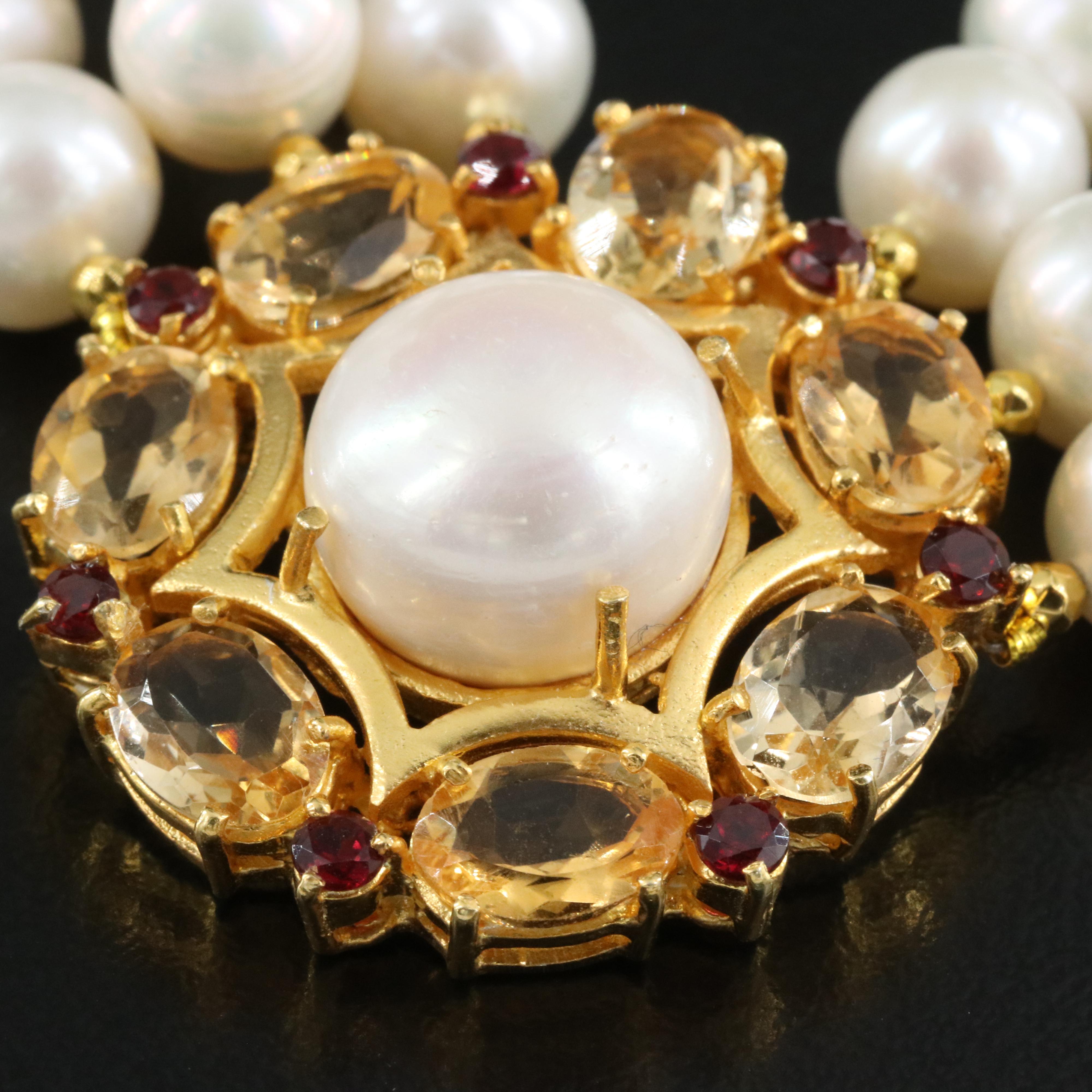 Sterling Pearl, Citrine and Garnet Triple Strand Necklace