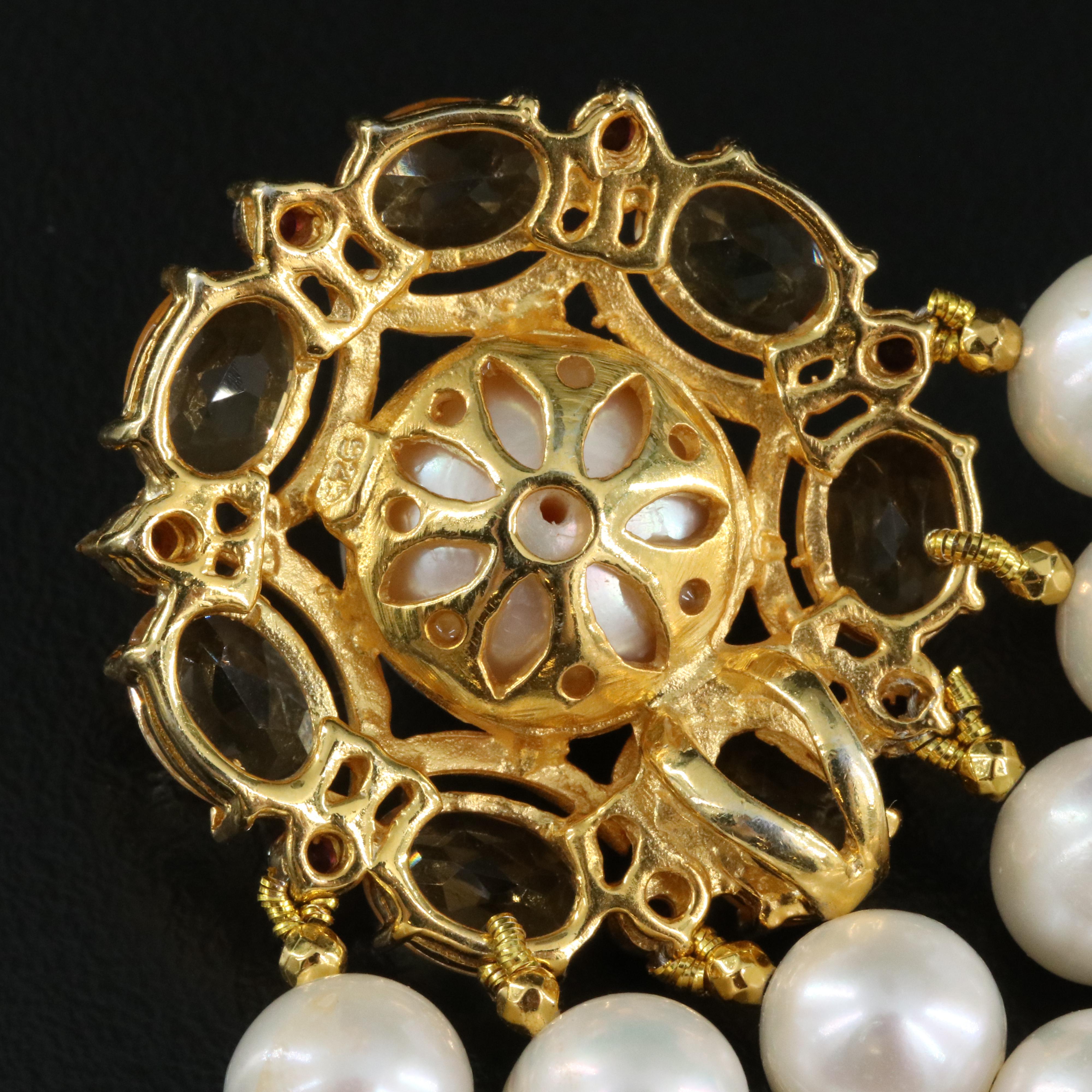 Sterling Pearl, Citrine and Garnet Triple Strand Necklace