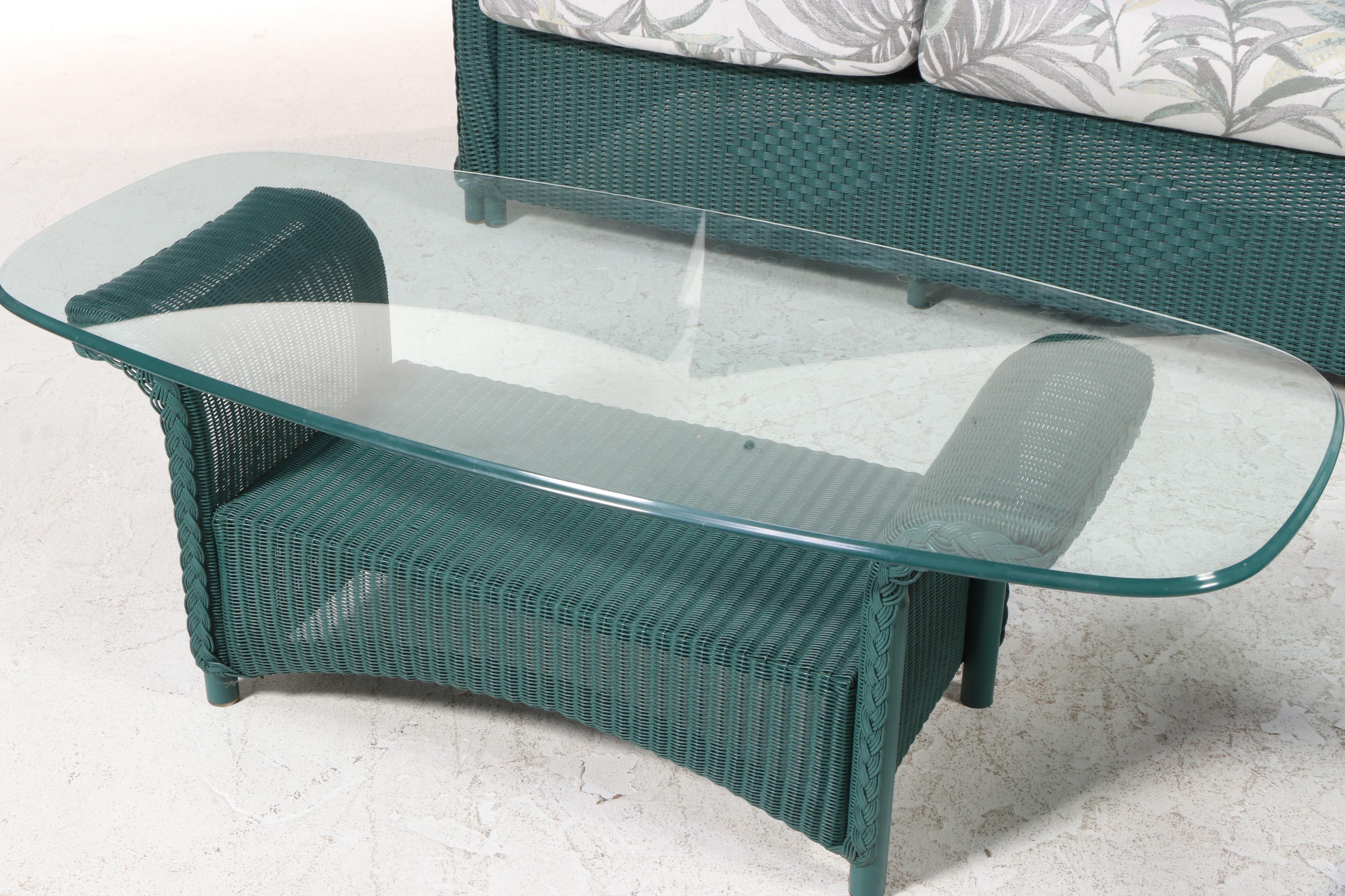 Hunter Green PE Resin Patio Sofa With Cushions and Coffee and Side Tables