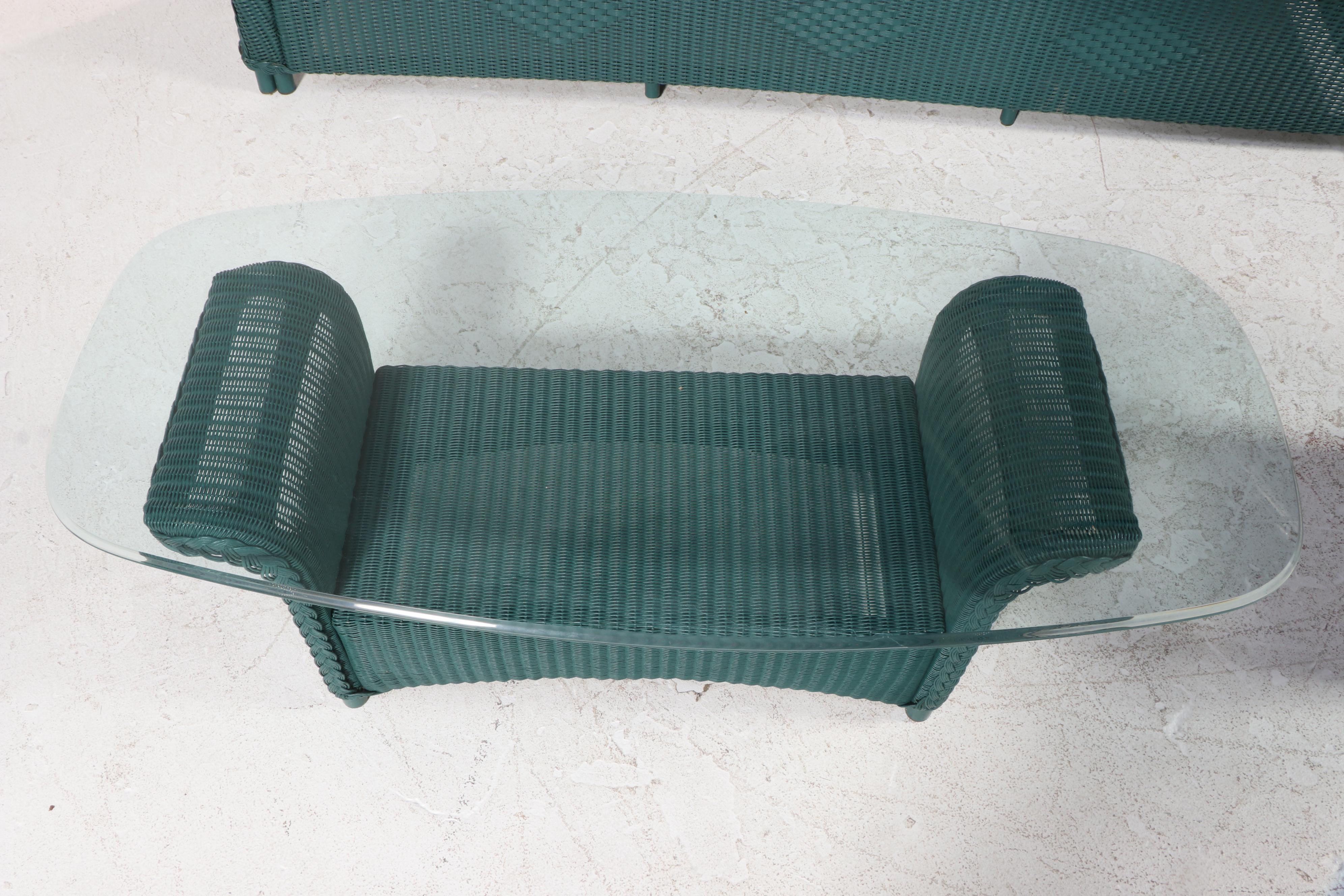 Hunter Green PE Resin Patio Sofa With Cushions and Coffee and Side Tables