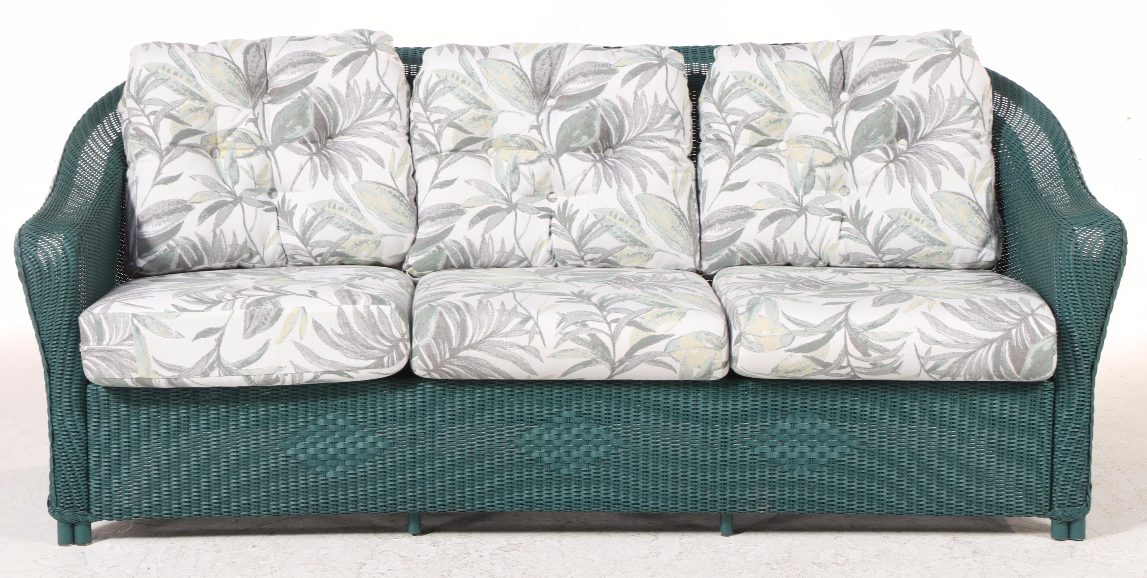 Hunter Green PE Resin Patio Sofa With Cushions and Coffee and Side Tables