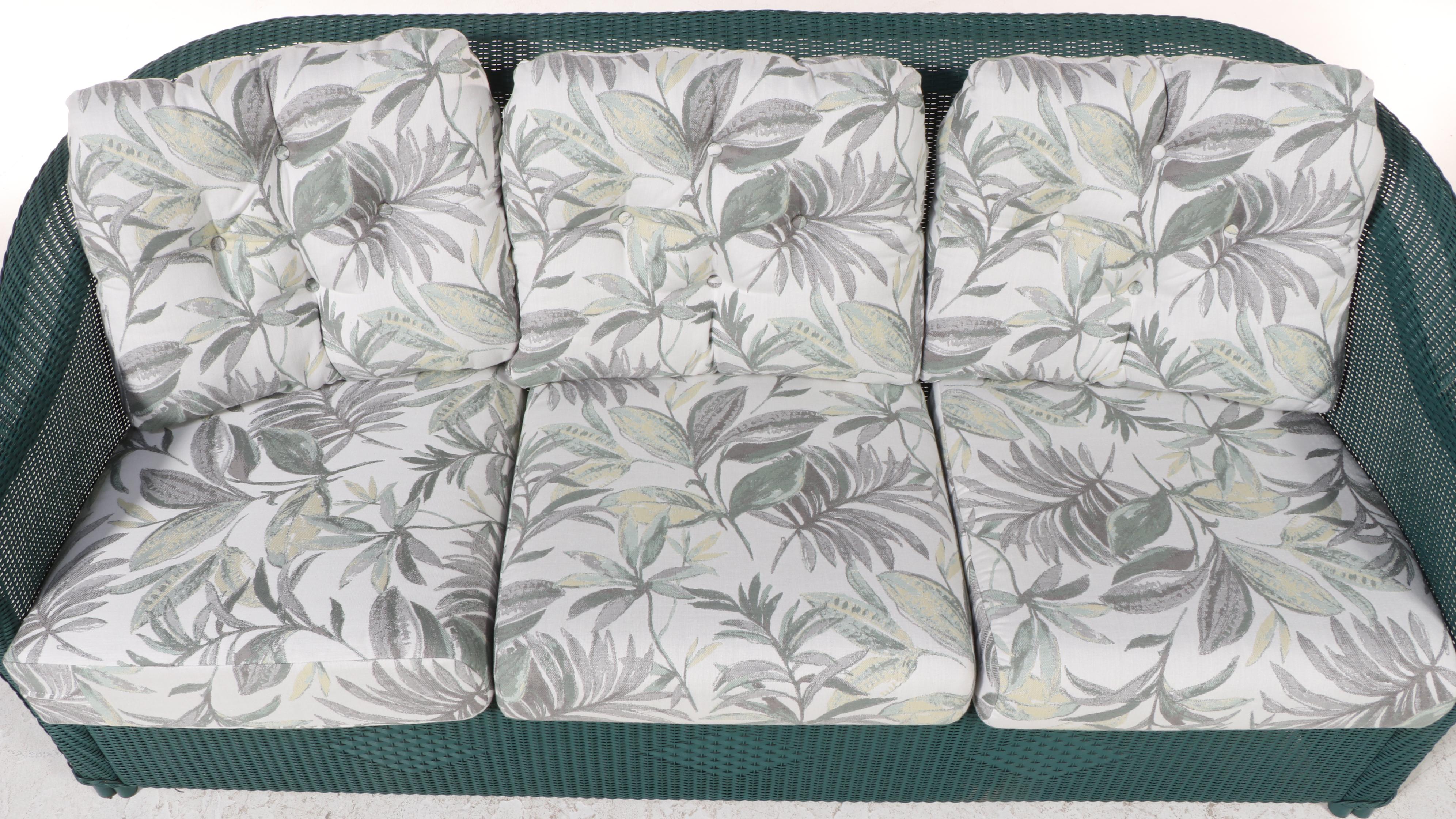 Hunter Green PE Resin Patio Sofa With Cushions and Coffee and Side Tables