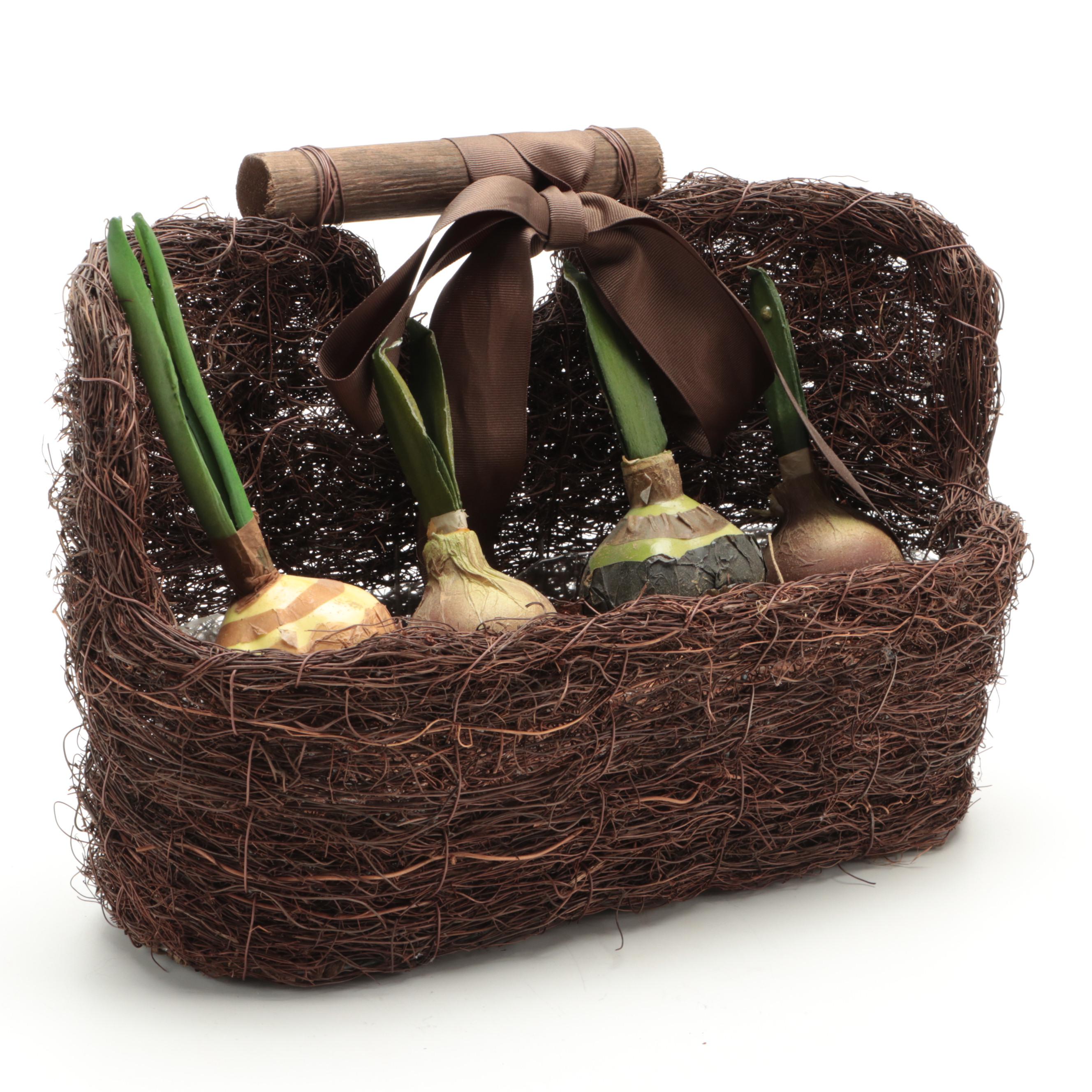 Twig Basket With Faux Amaryllis and Faux Topiaries