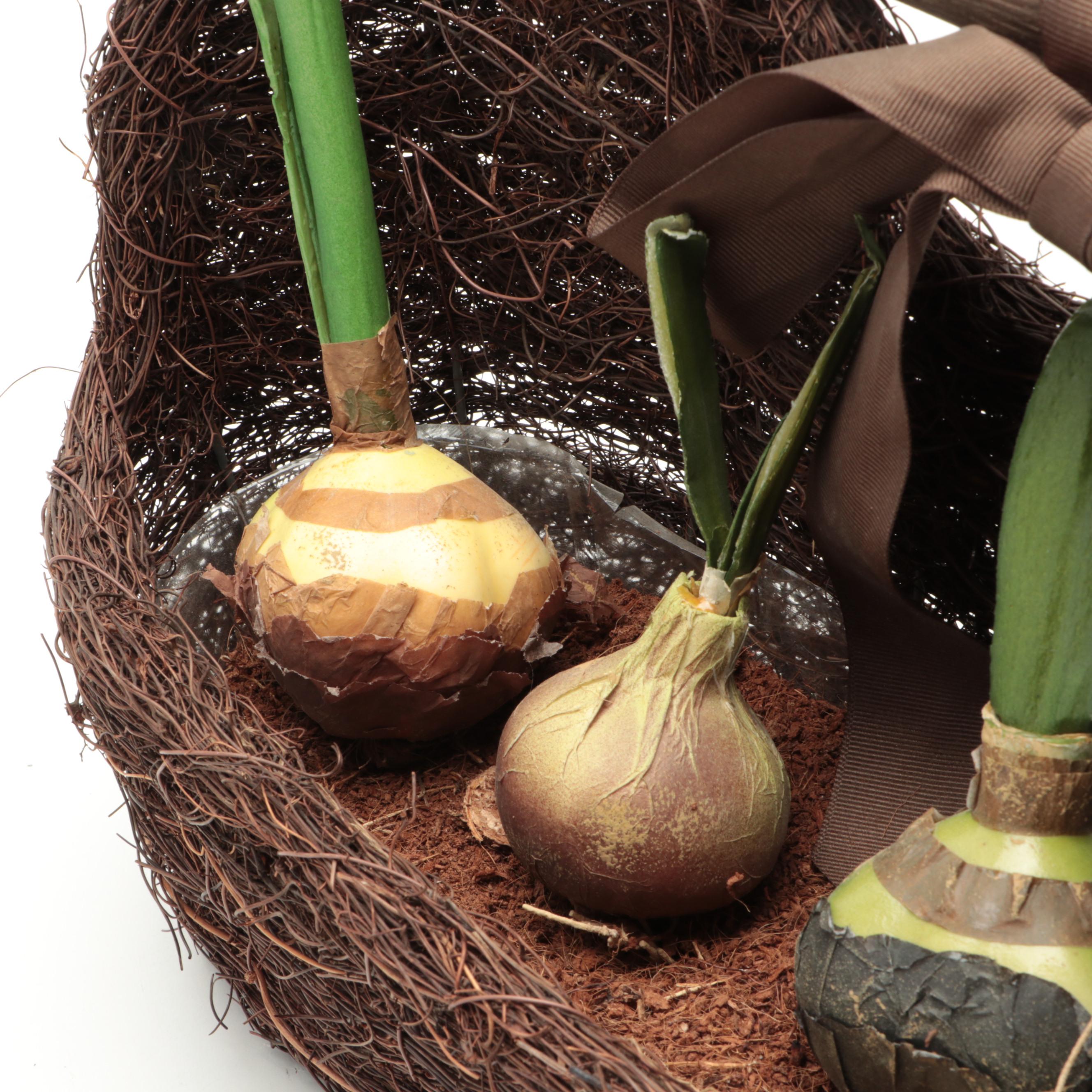 Twig Basket With Faux Amaryllis and Faux Topiaries