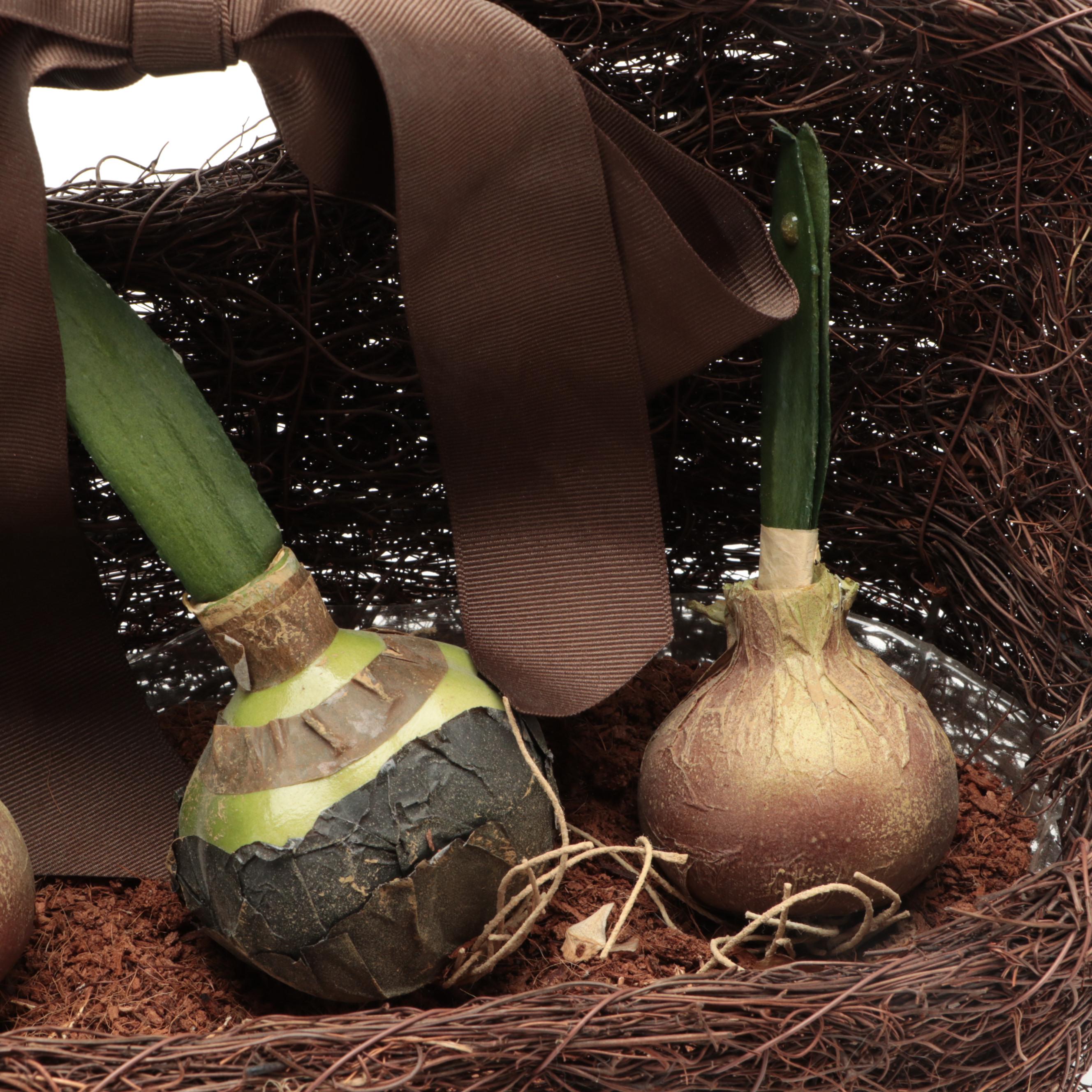 Twig Basket With Faux Amaryllis and Faux Topiaries