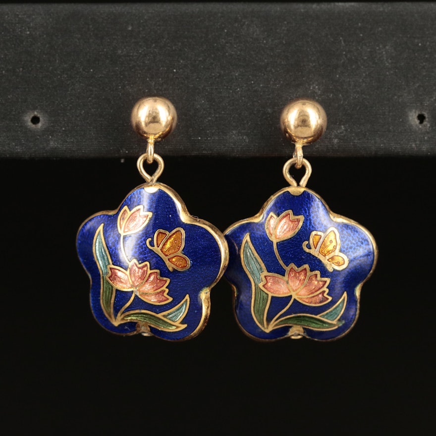 14K Flower and Butterfly Enamel Earrings