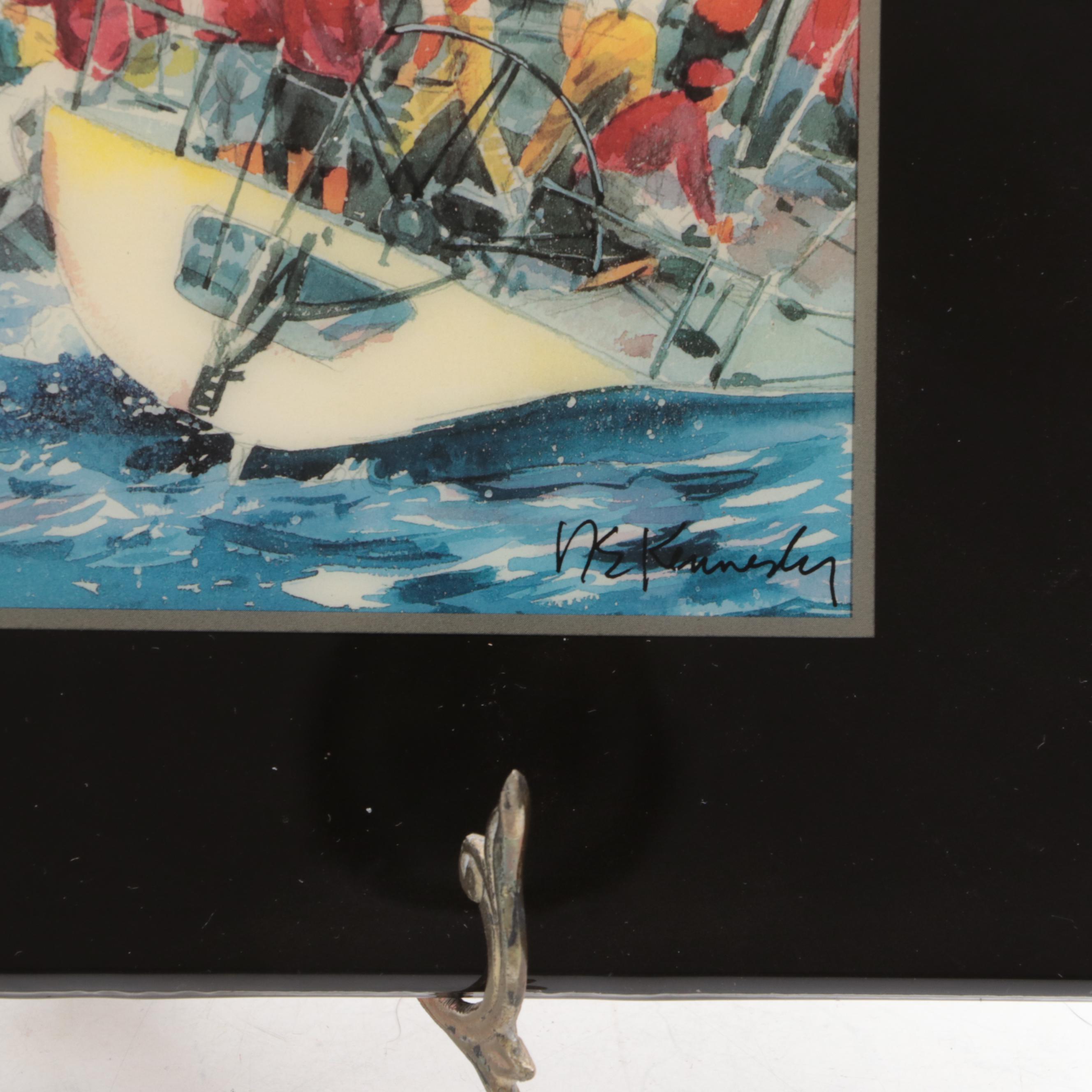 Robert E. Kennedy "Rounding the Mark" Ceramic Art Tile on Brass Stand