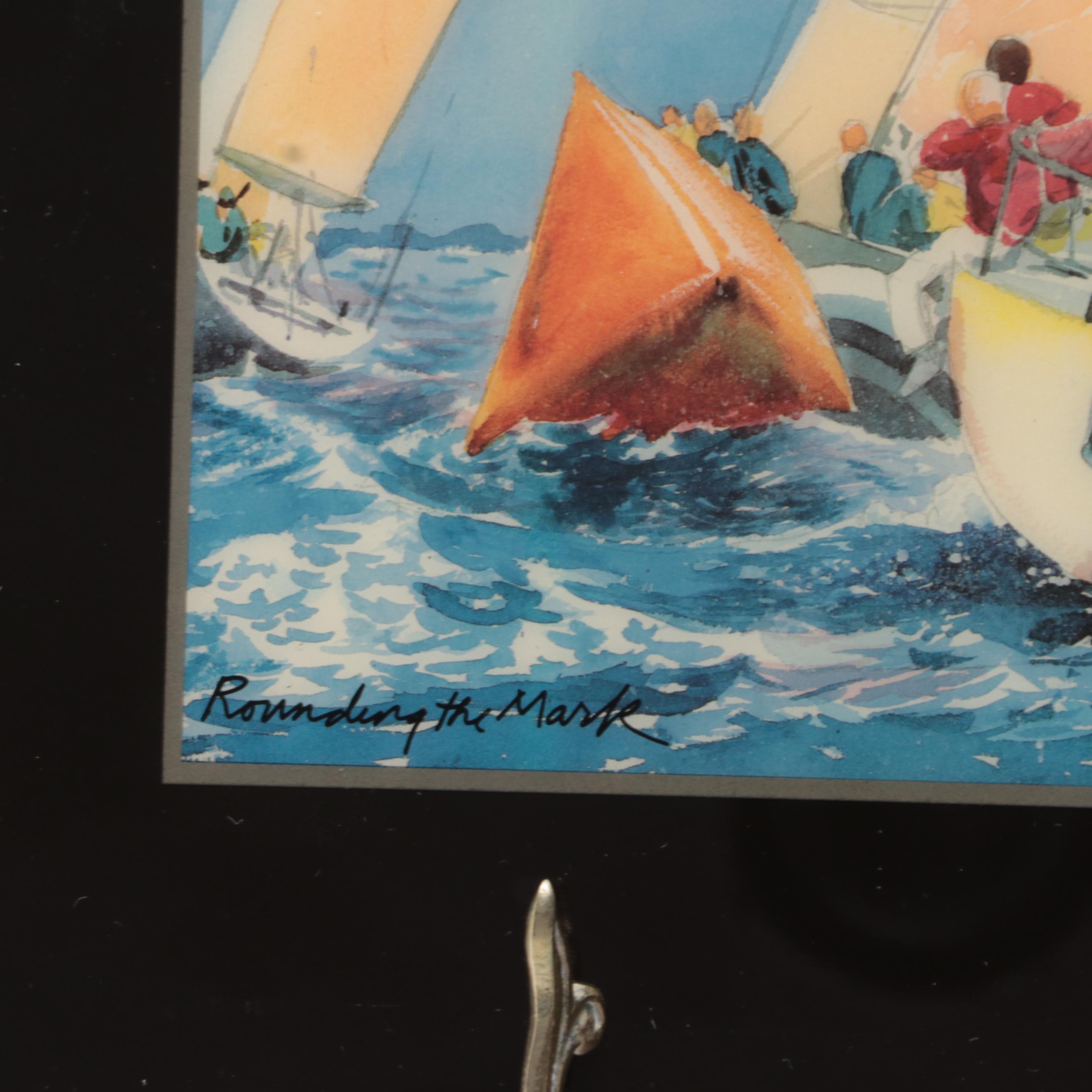 Robert E. Kennedy "Rounding the Mark" Ceramic Art Tile on Brass Stand