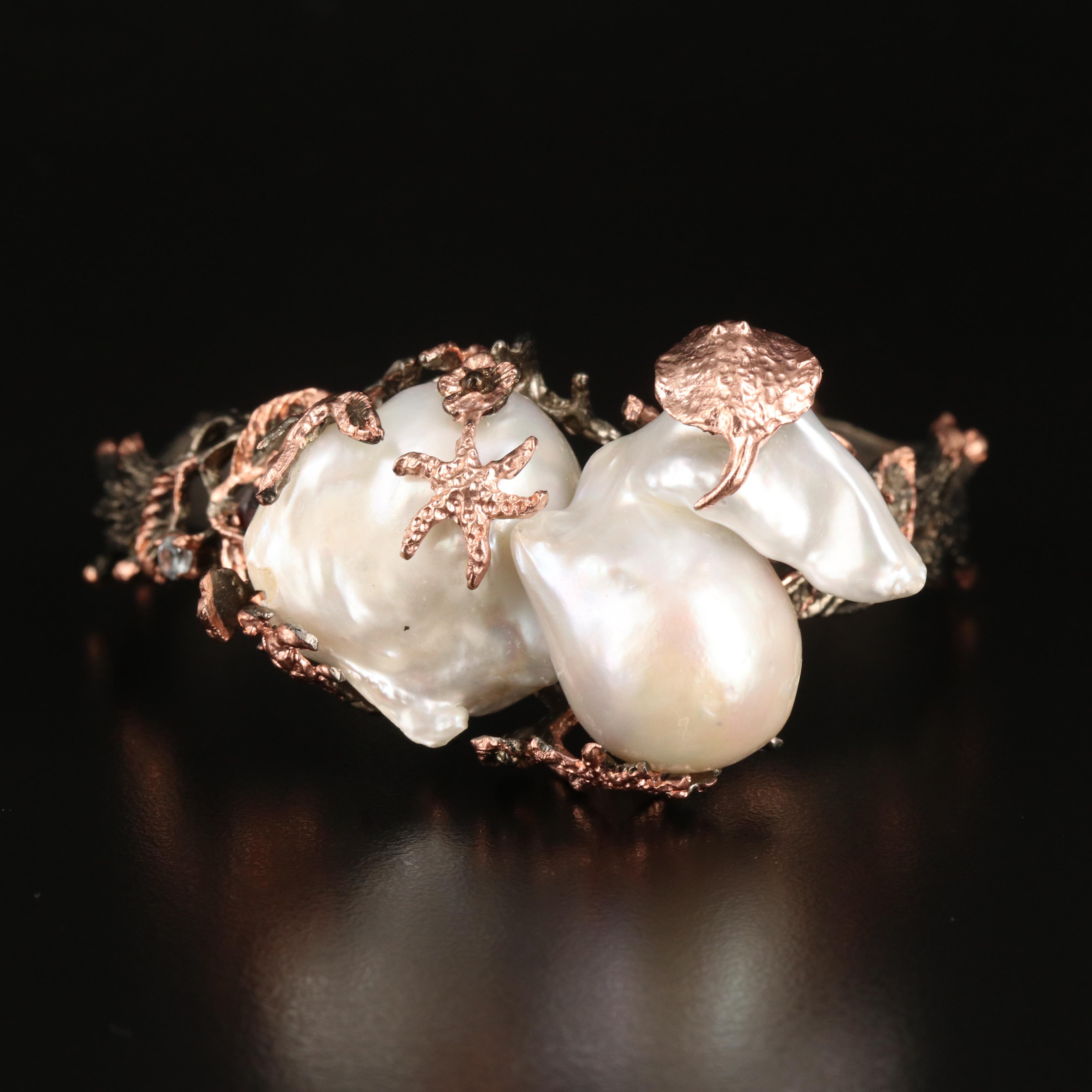 Sterling Two Tone Pearl and Gemstone Sea Life Cuff