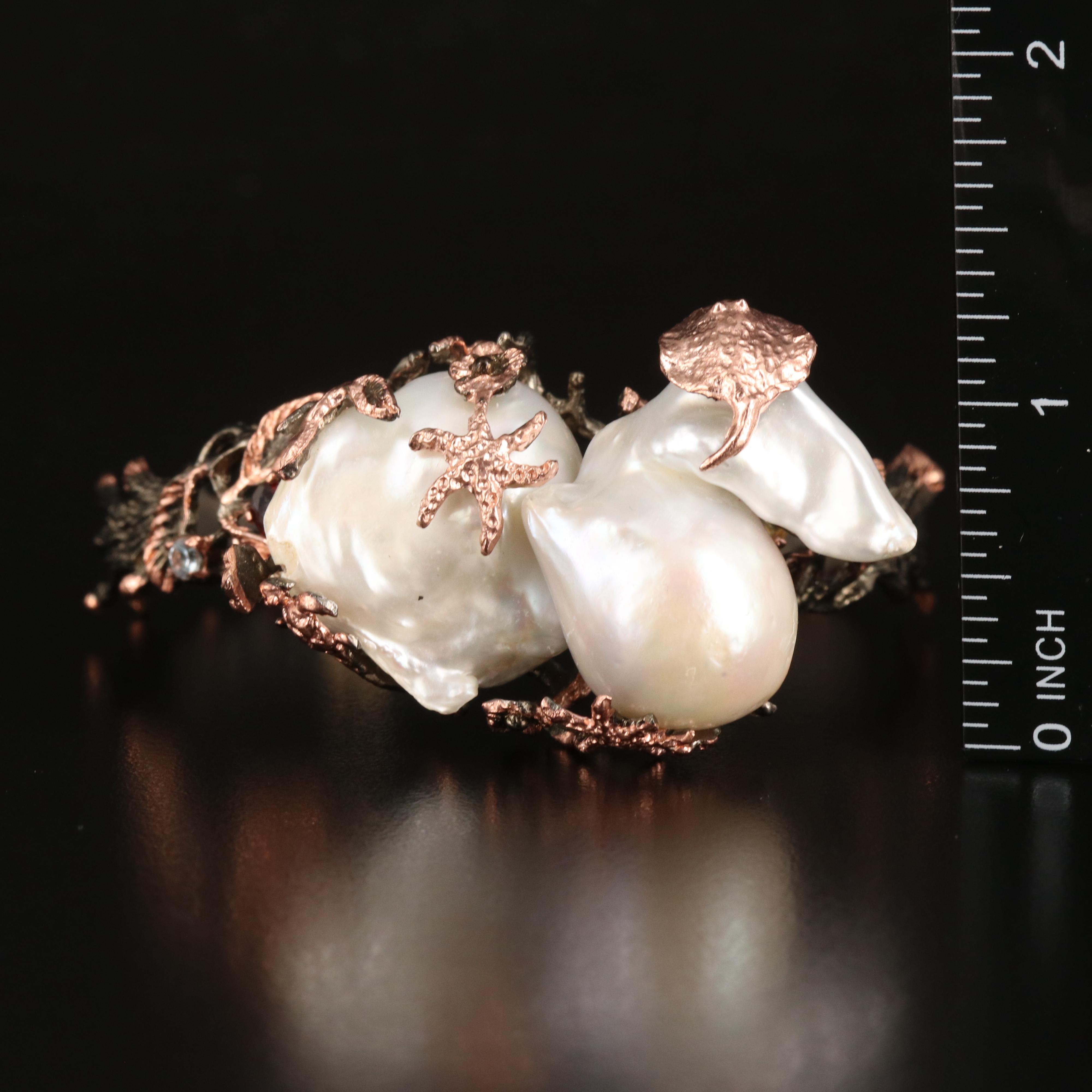 Sterling Two Tone Pearl and Gemstone Sea Life Cuff