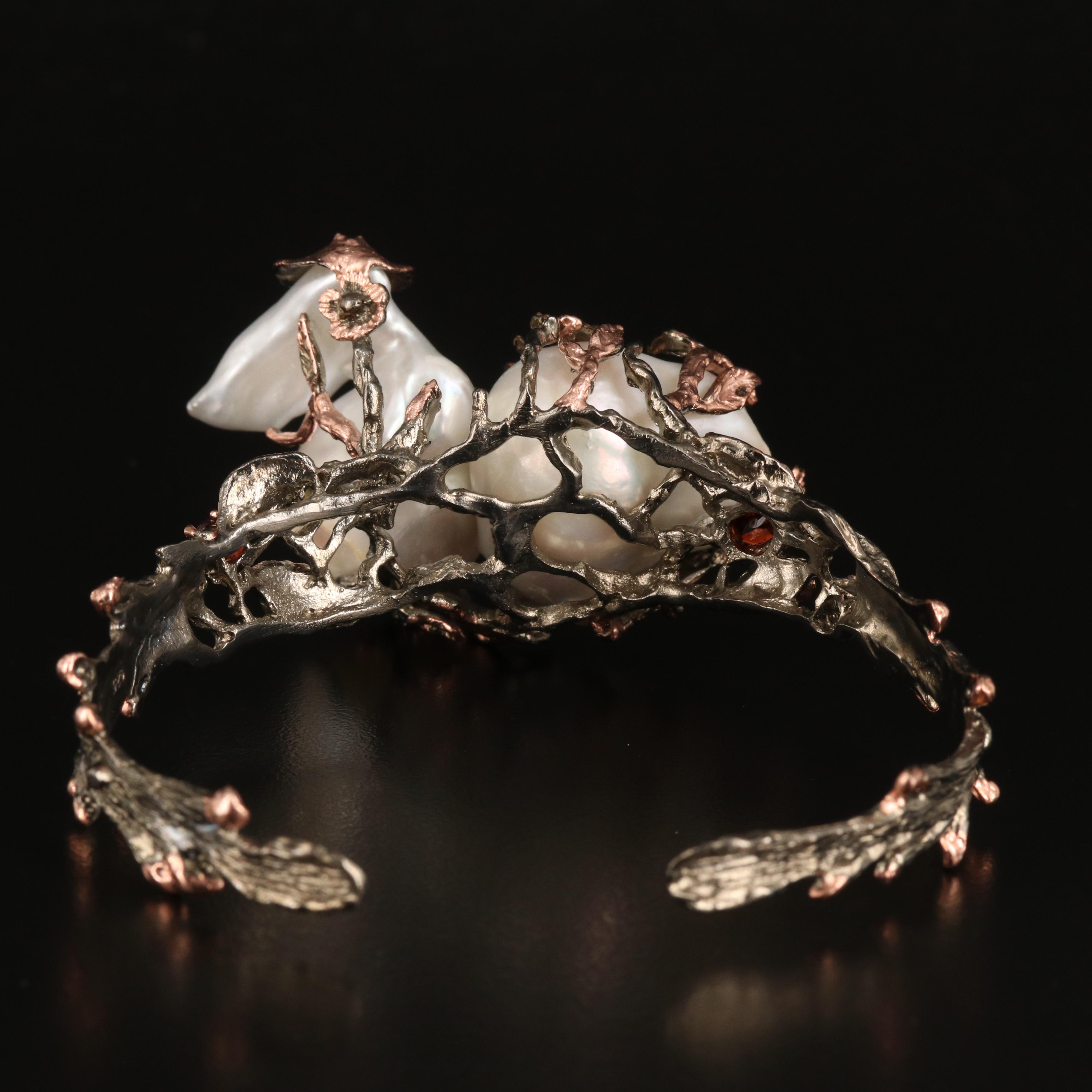 Sterling Two Tone Pearl and Gemstone Sea Life Cuff