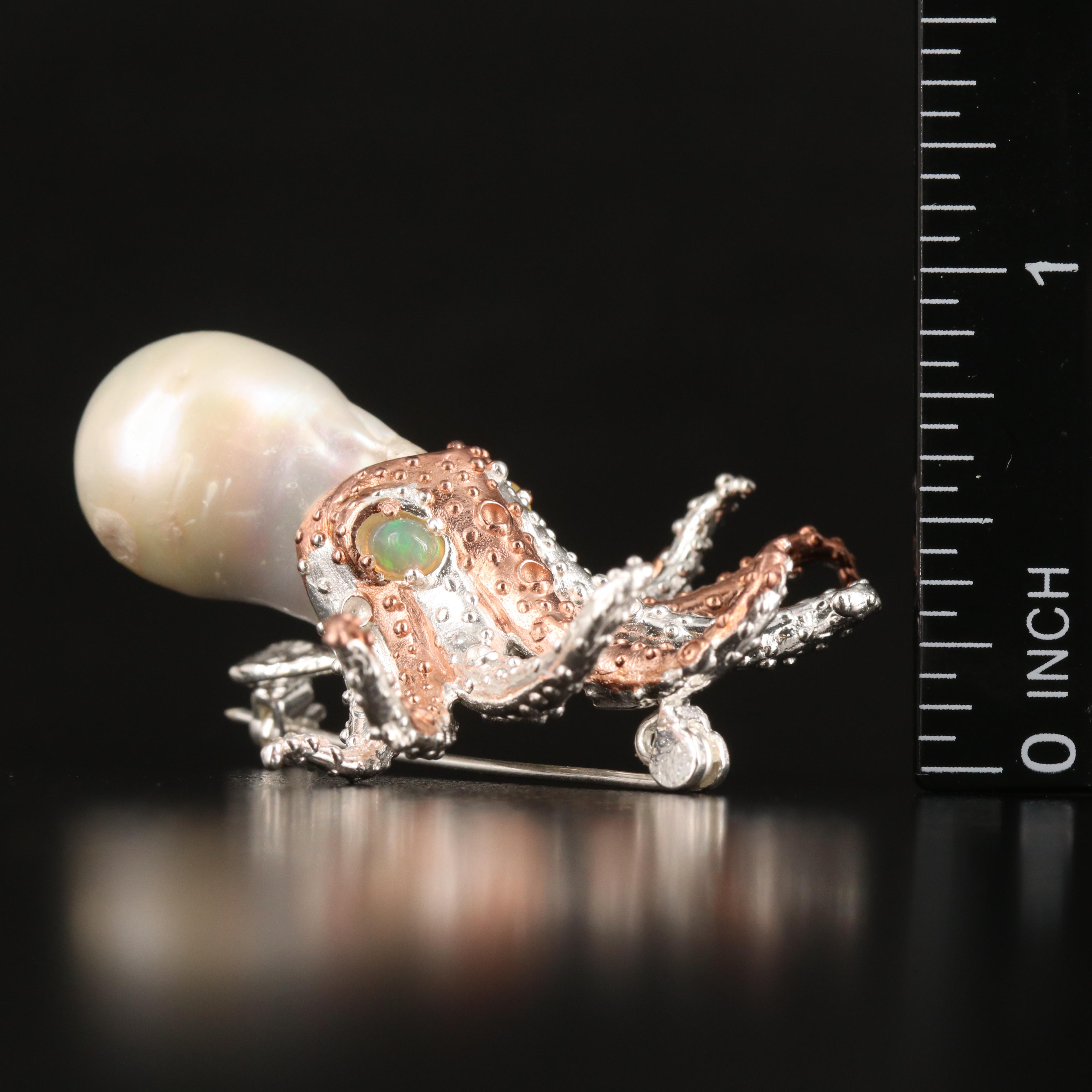 Sterling Pearl and Opal Octopus Brooch