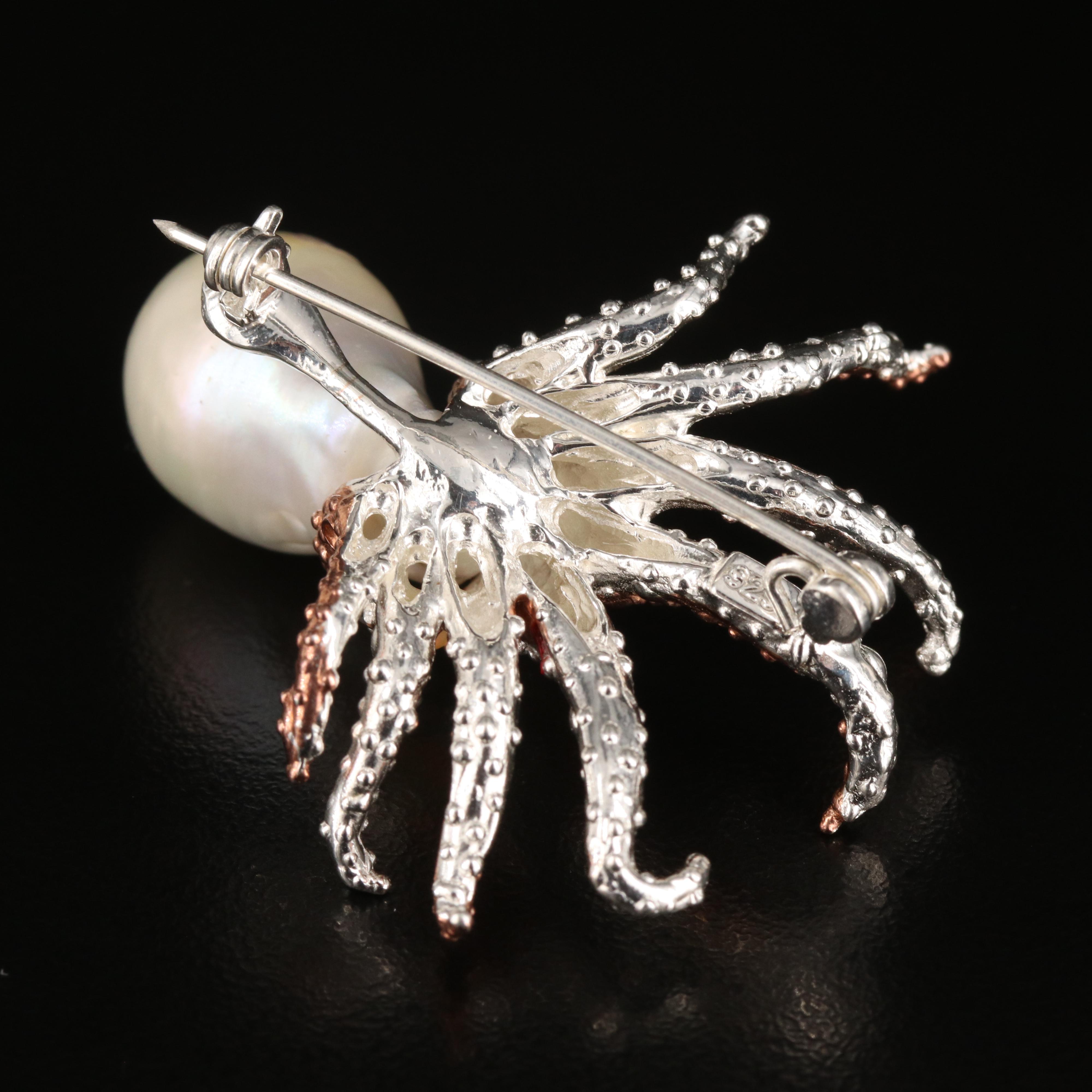 Sterling Pearl and Opal Octopus Brooch