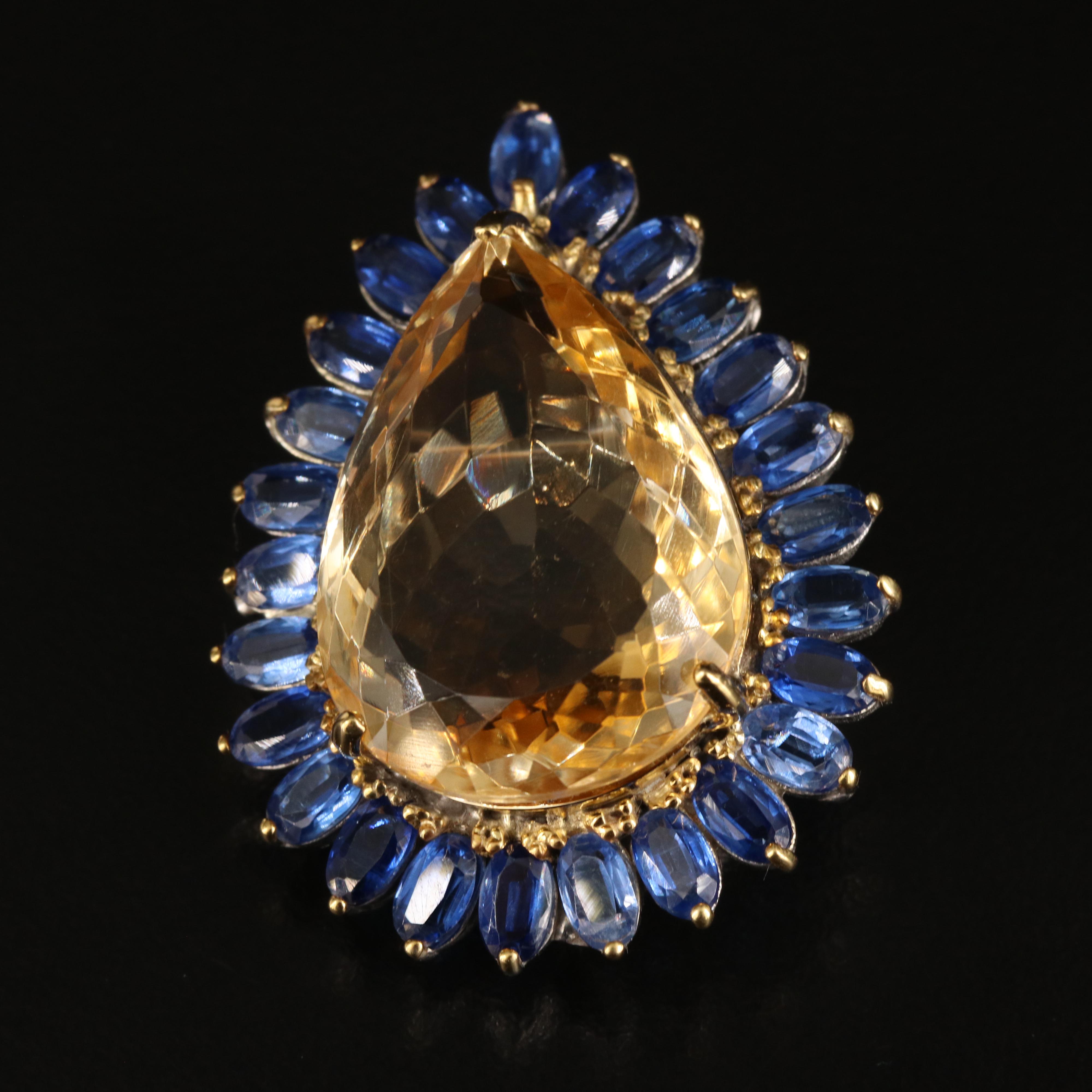 Sterling Citrine and Kyanite Teardrop Brooch