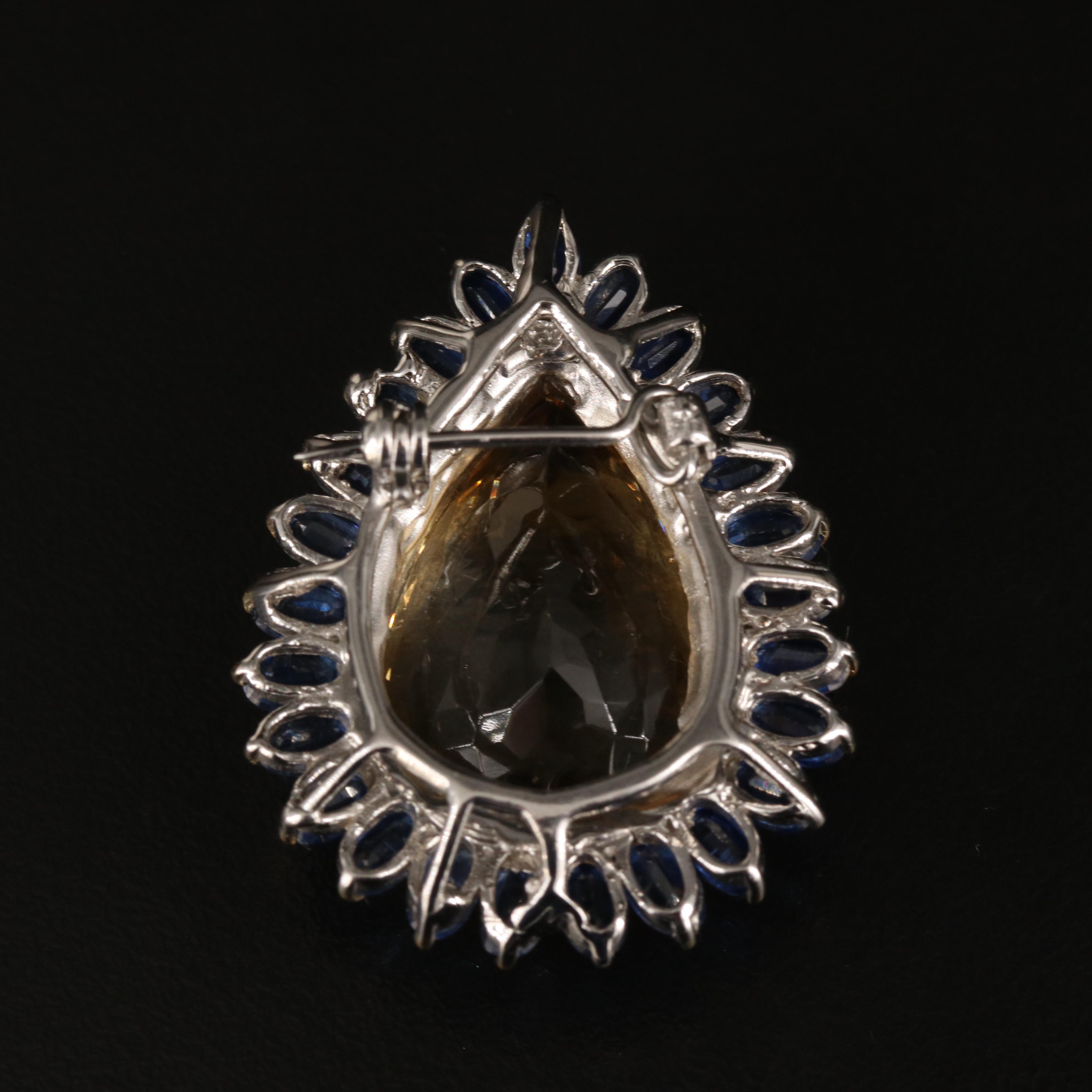 Sterling Citrine and Kyanite Teardrop Brooch