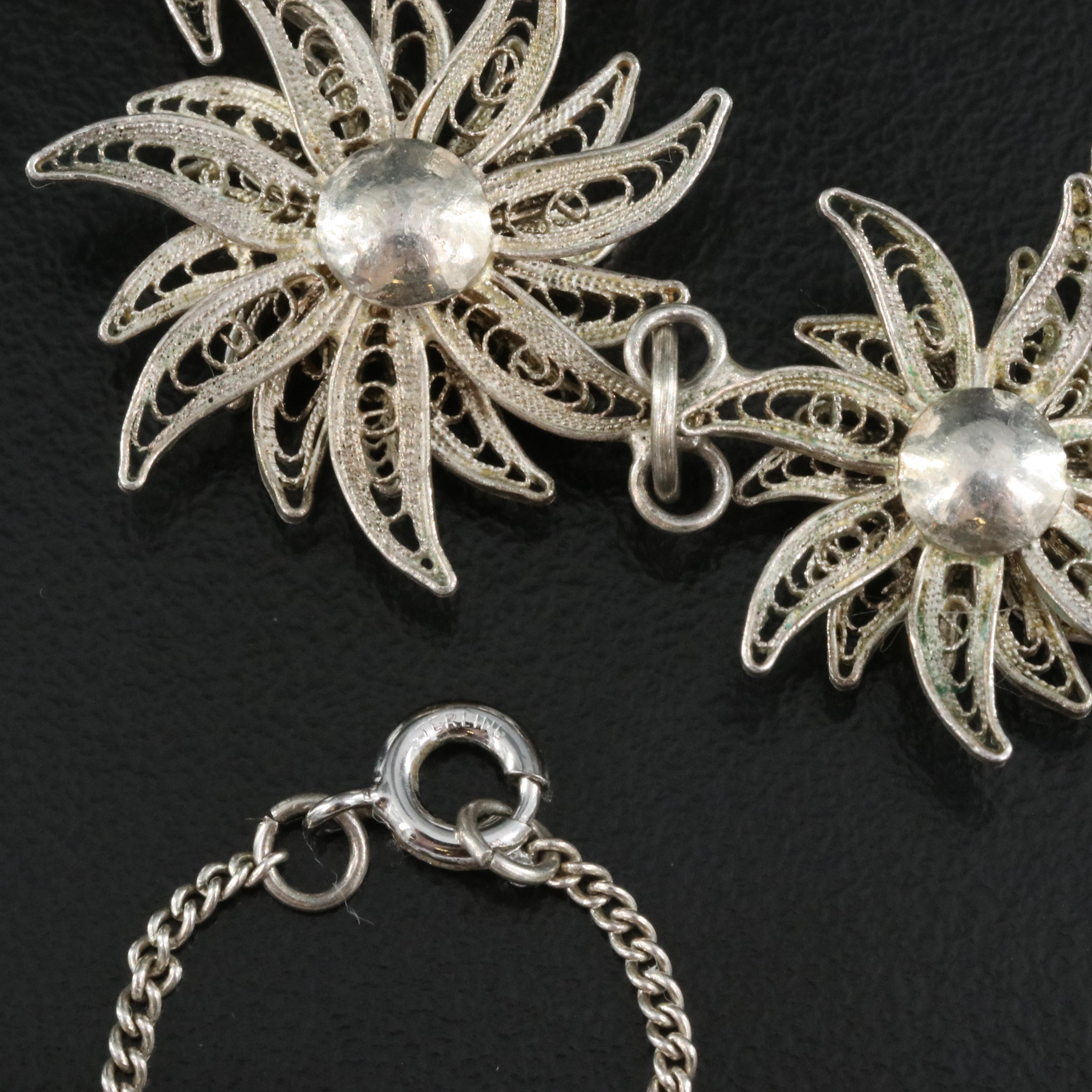 Fine Silver and Sterling Filigree Flower Necklace