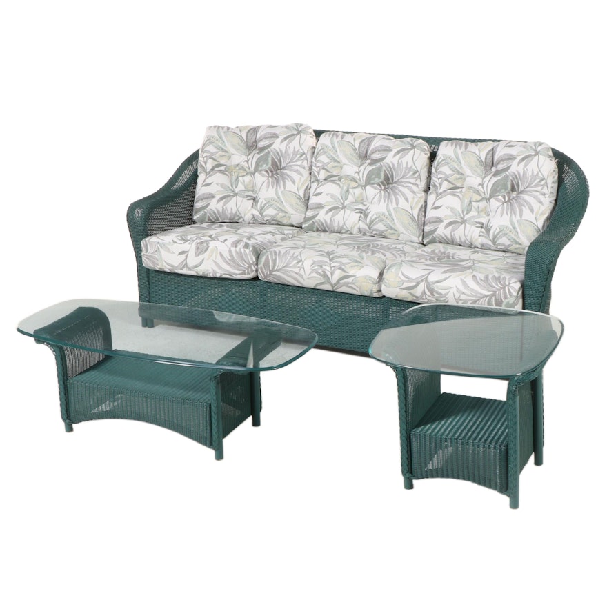 Hunter Green PE Resin Patio Sofa With Cushions and Coffee and Side Tables