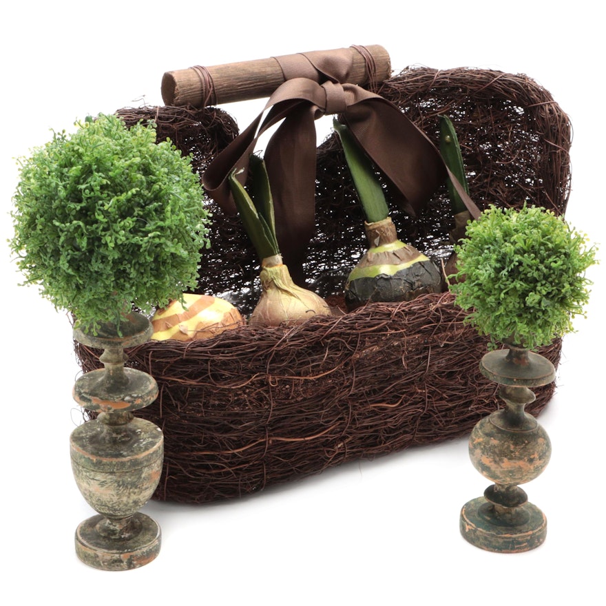 Twig Basket With Faux Amaryllis and Faux Topiaries