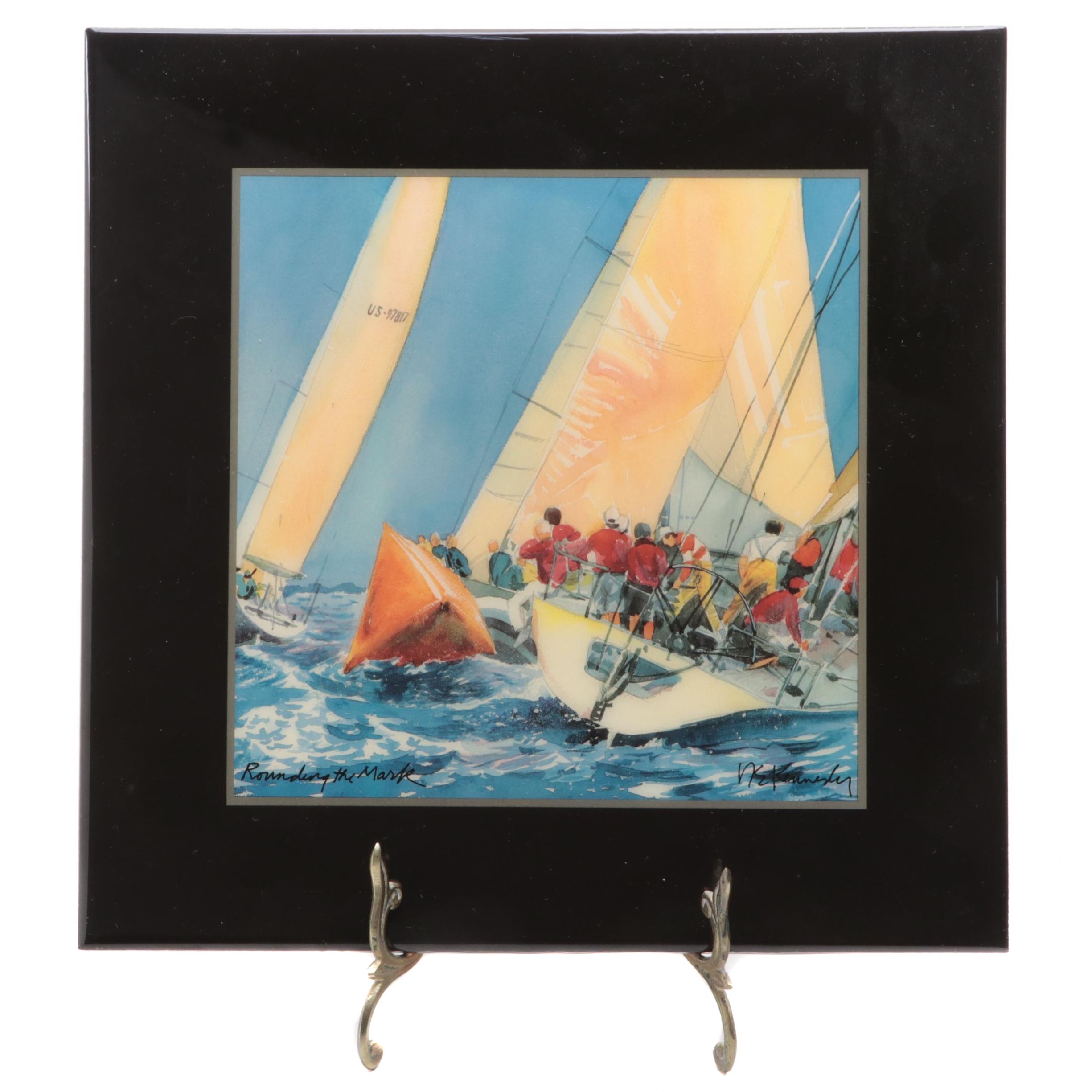 Robert E. Kennedy "Rounding the Mark" Ceramic Art Tile on Brass Stand