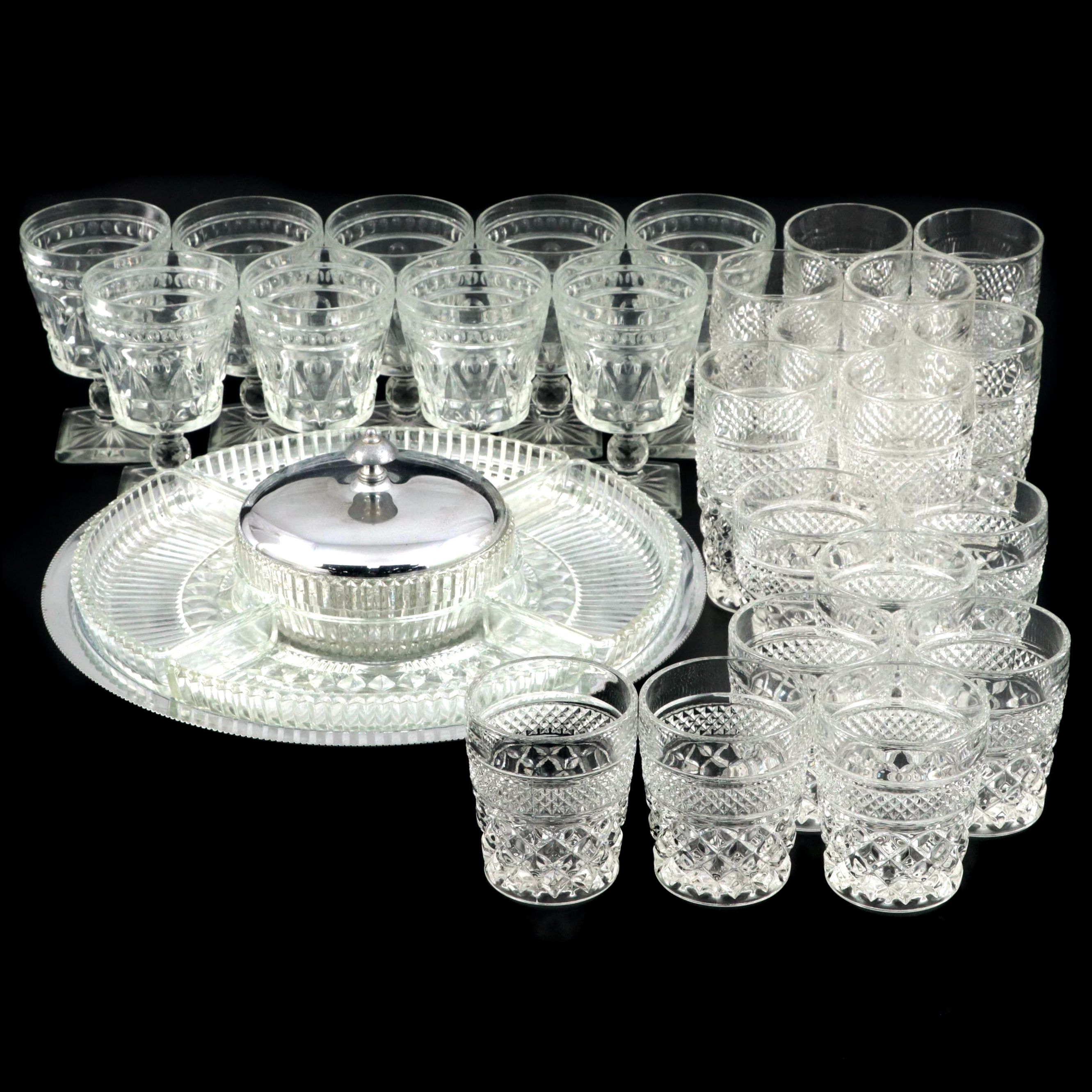 Pressed Glass Stemware and Cocktail Glasses with Serving Dish