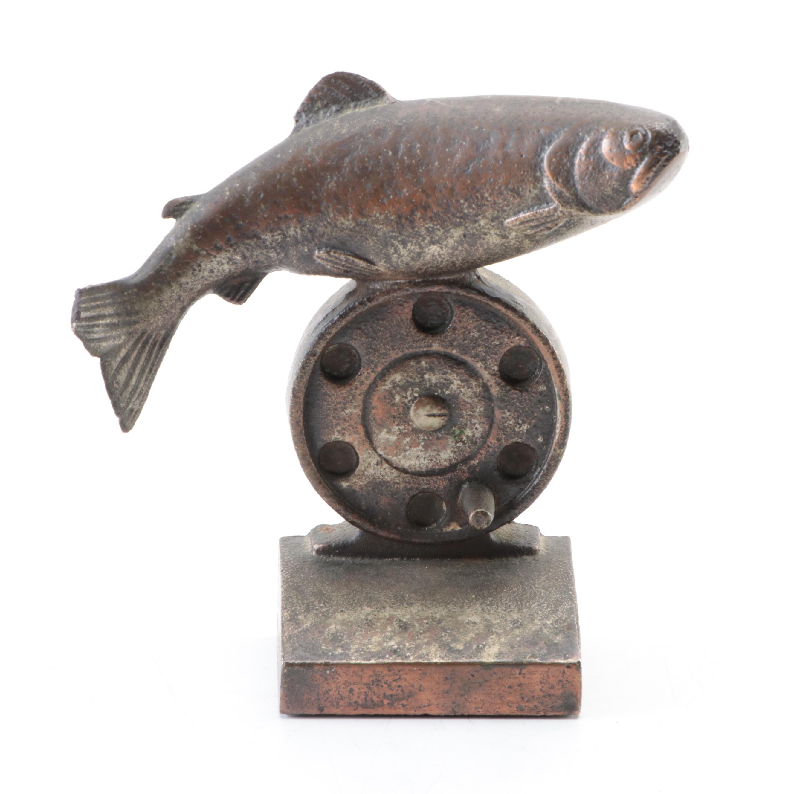 Cast Iron Horseshoe Bookends with Trout and Reel Bookend and Porcelain Figurine