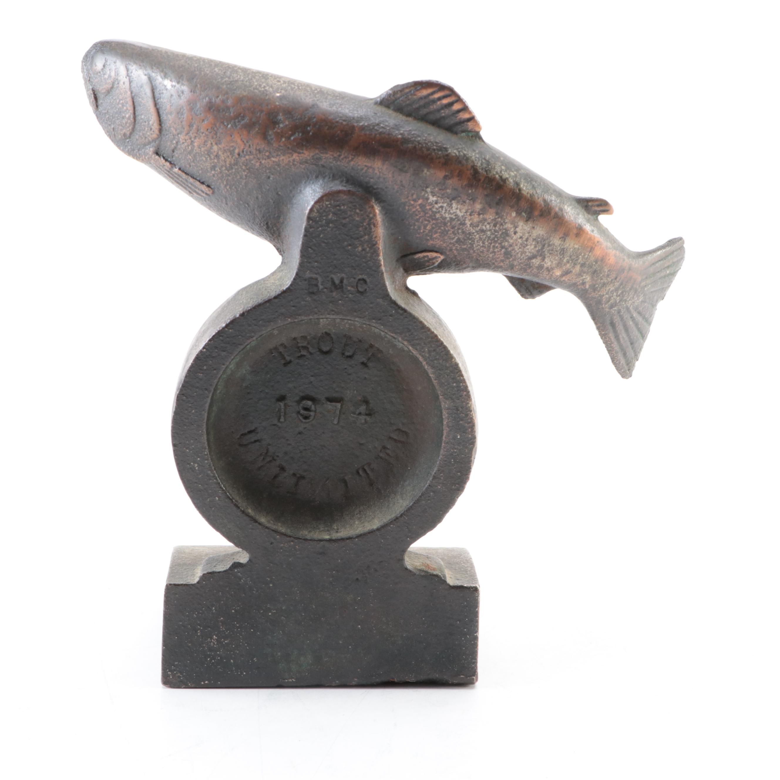 Cast Iron Horseshoe Bookends with Trout and Reel Bookend and Porcelain Figurine