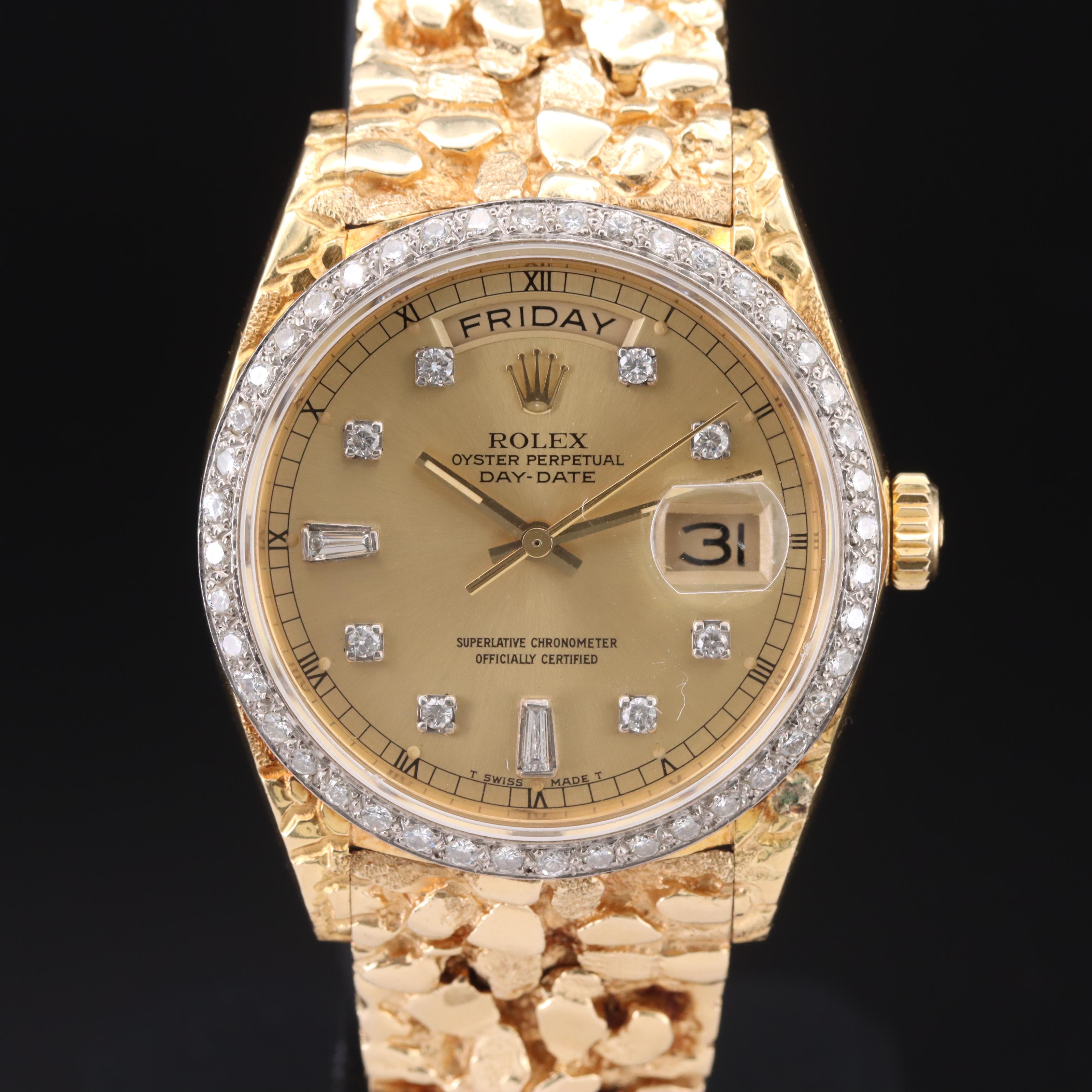 18K Rolex Oyster Perpetual Day-Date 1.06 CTW Diamond Bezel and Dial Watch