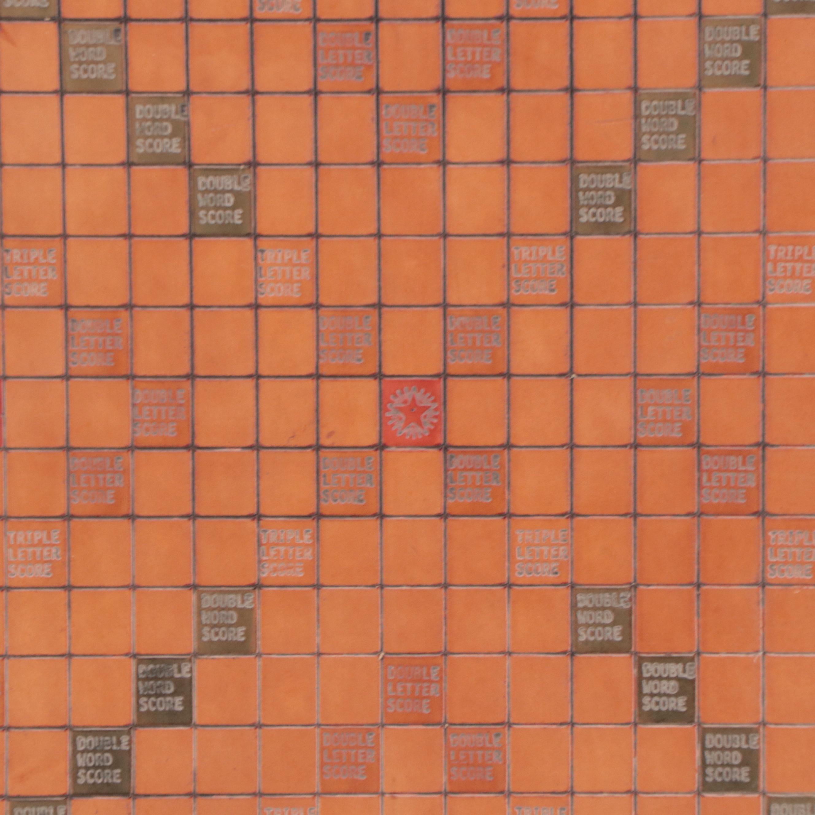 Hand-Painted Tooled Leather Panel of Scrabble Board