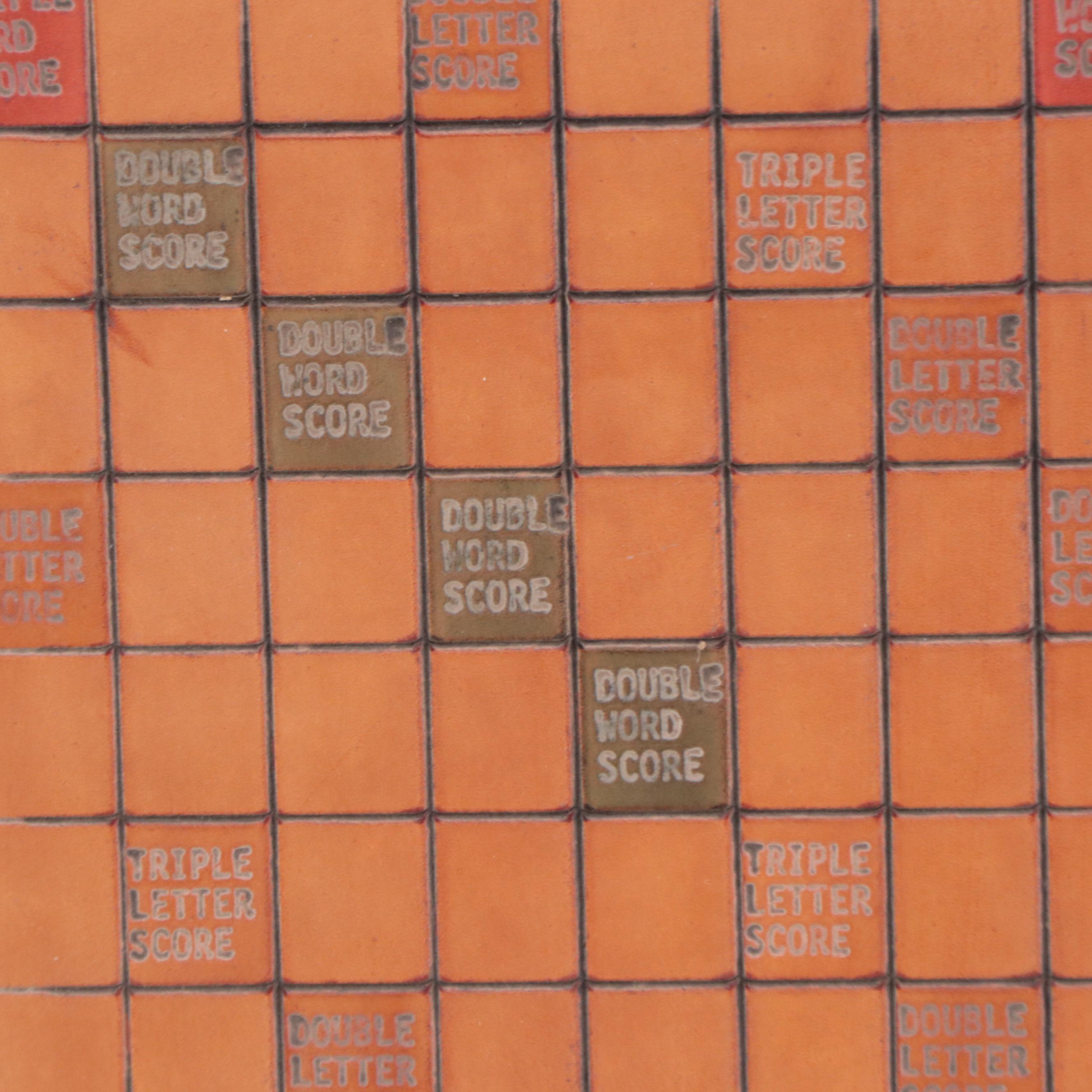 Hand-Painted Tooled Leather Panel of Scrabble Board