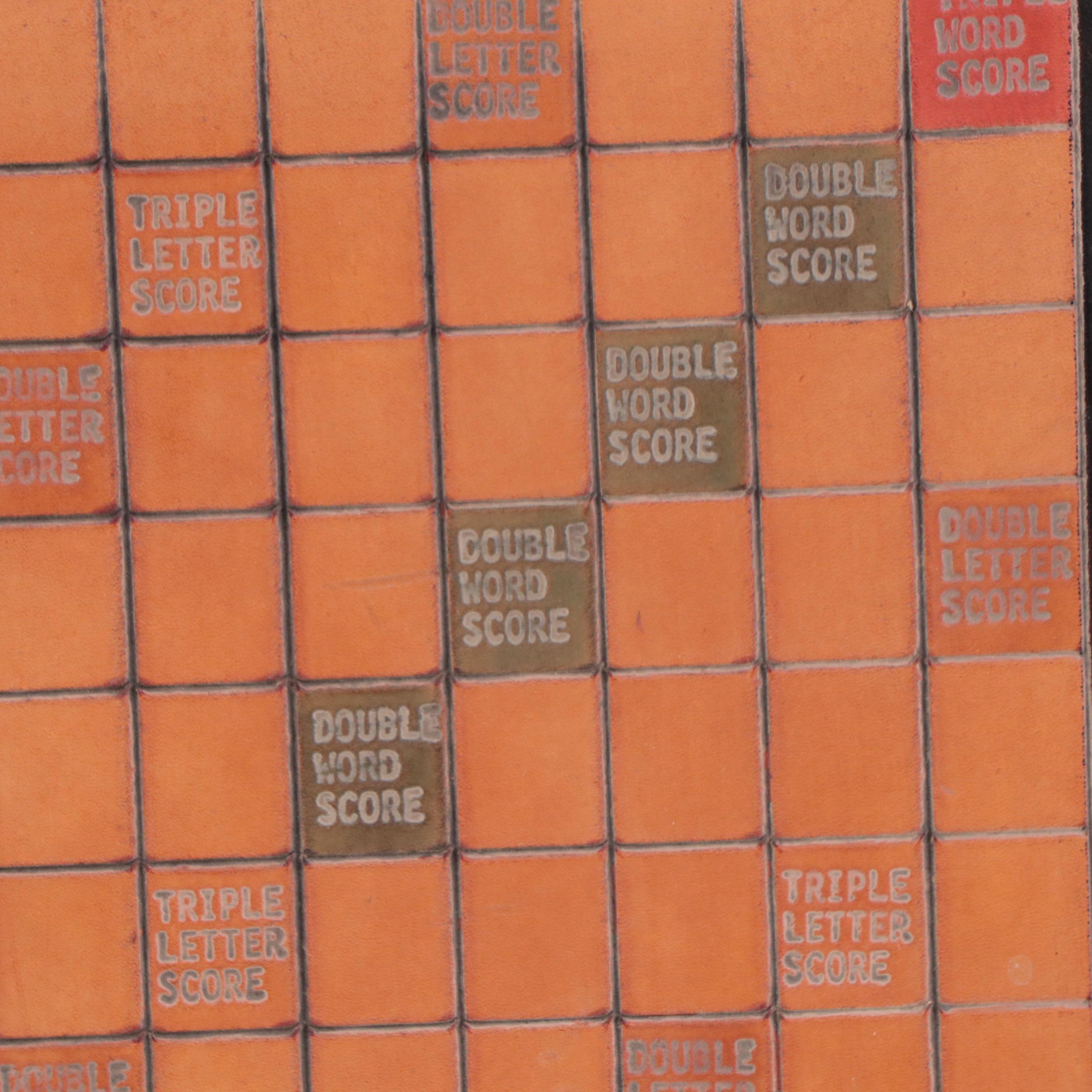 Hand-Painted Tooled Leather Panel of Scrabble Board
