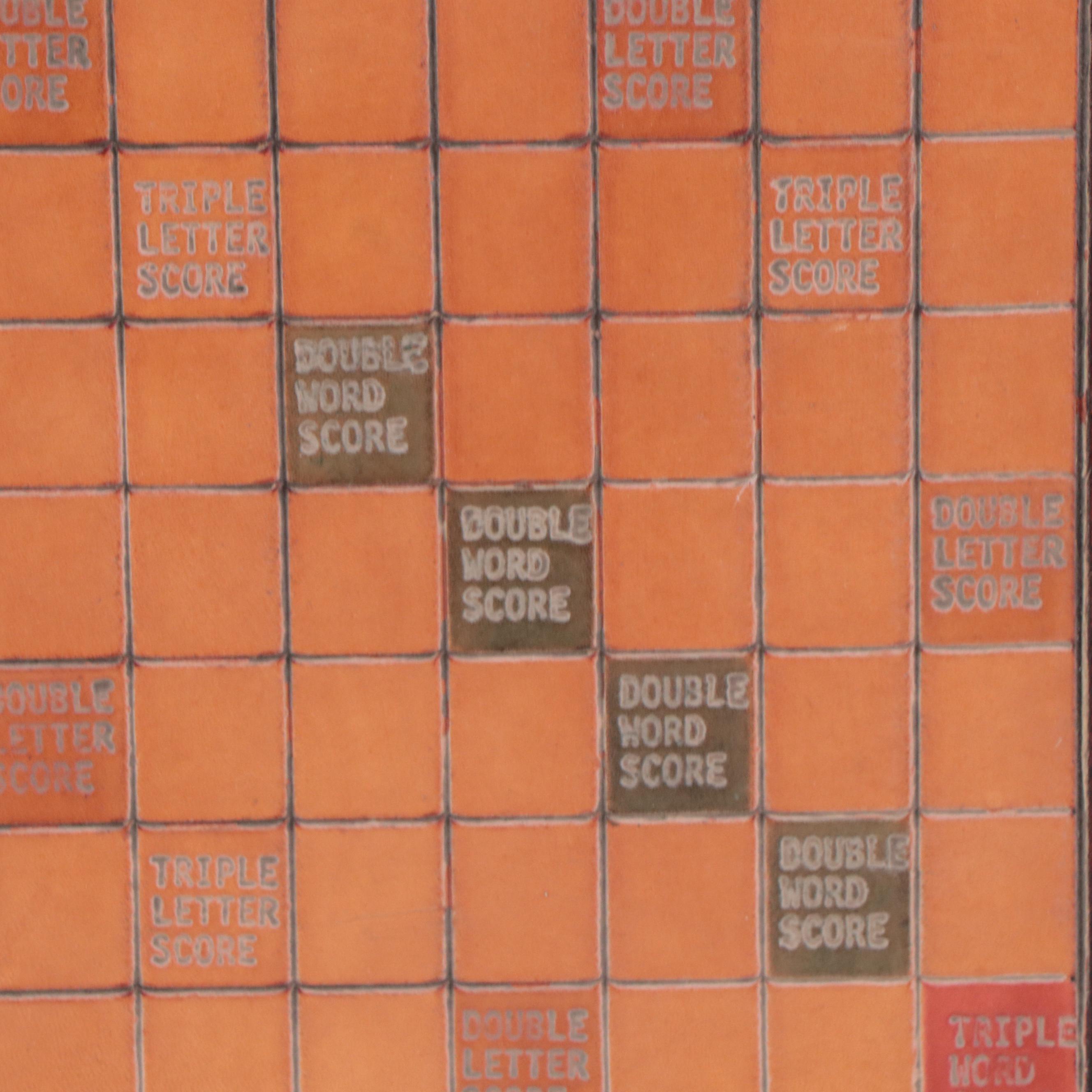 Hand-Painted Tooled Leather Panel of Scrabble Board