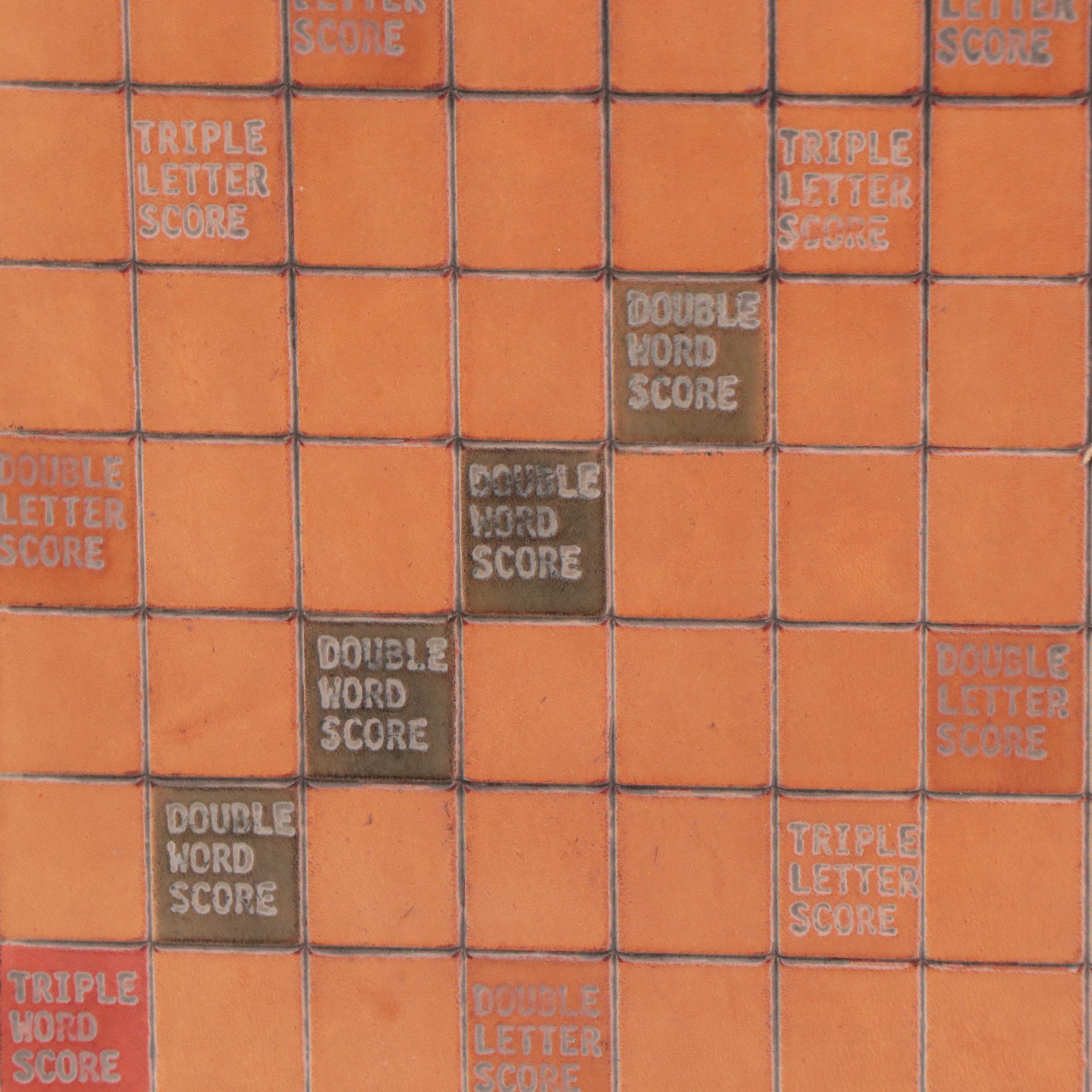 Hand-Painted Tooled Leather Panel of Scrabble Board