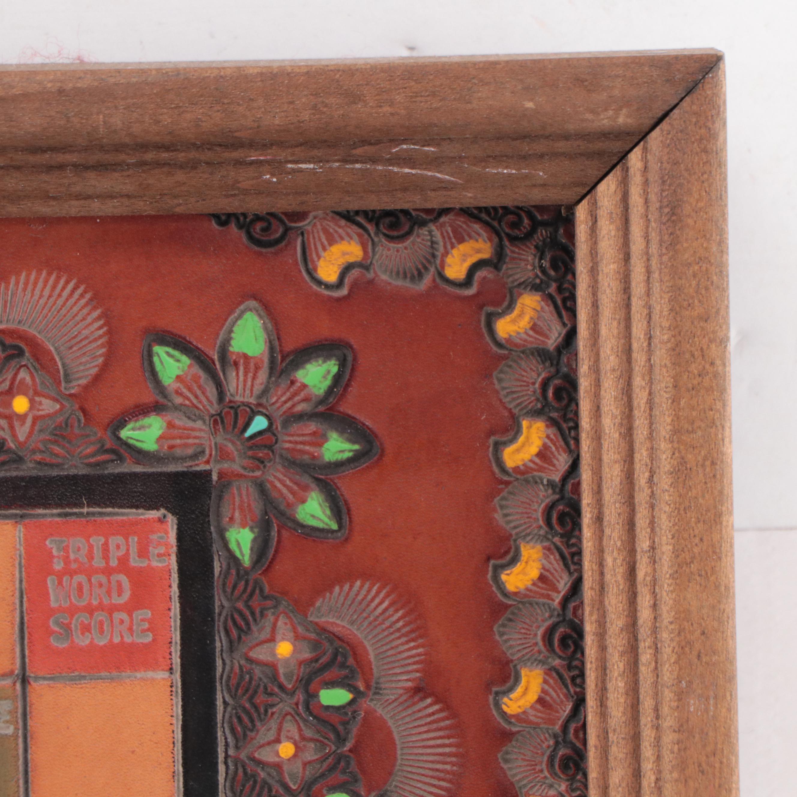 Hand-Painted Tooled Leather Panel of Scrabble Board