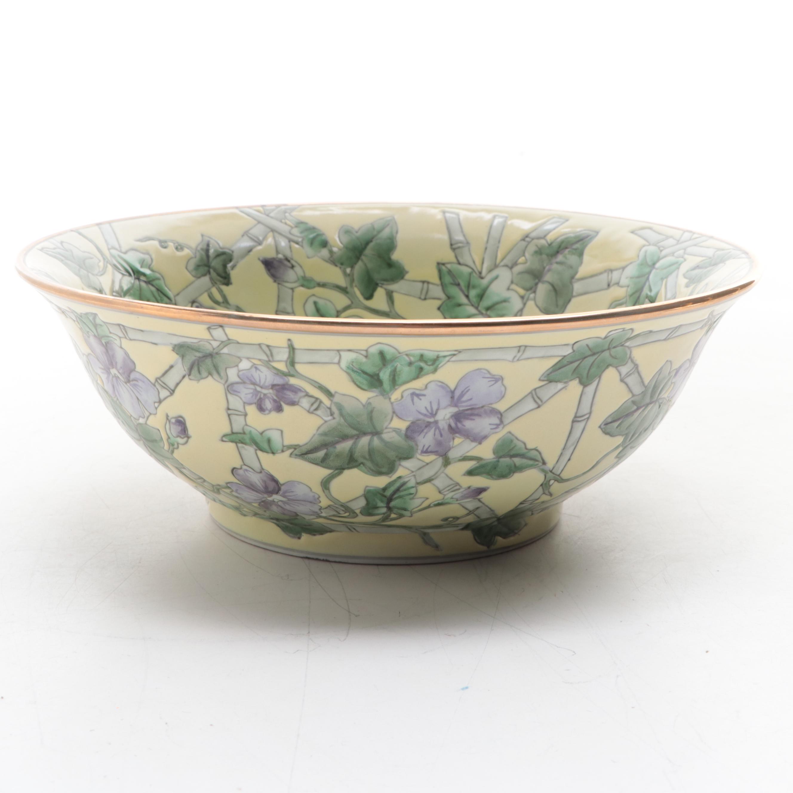 Andrea by Sadek Chinese Style Porcelain Bowl With Brass Twist Candlesticks