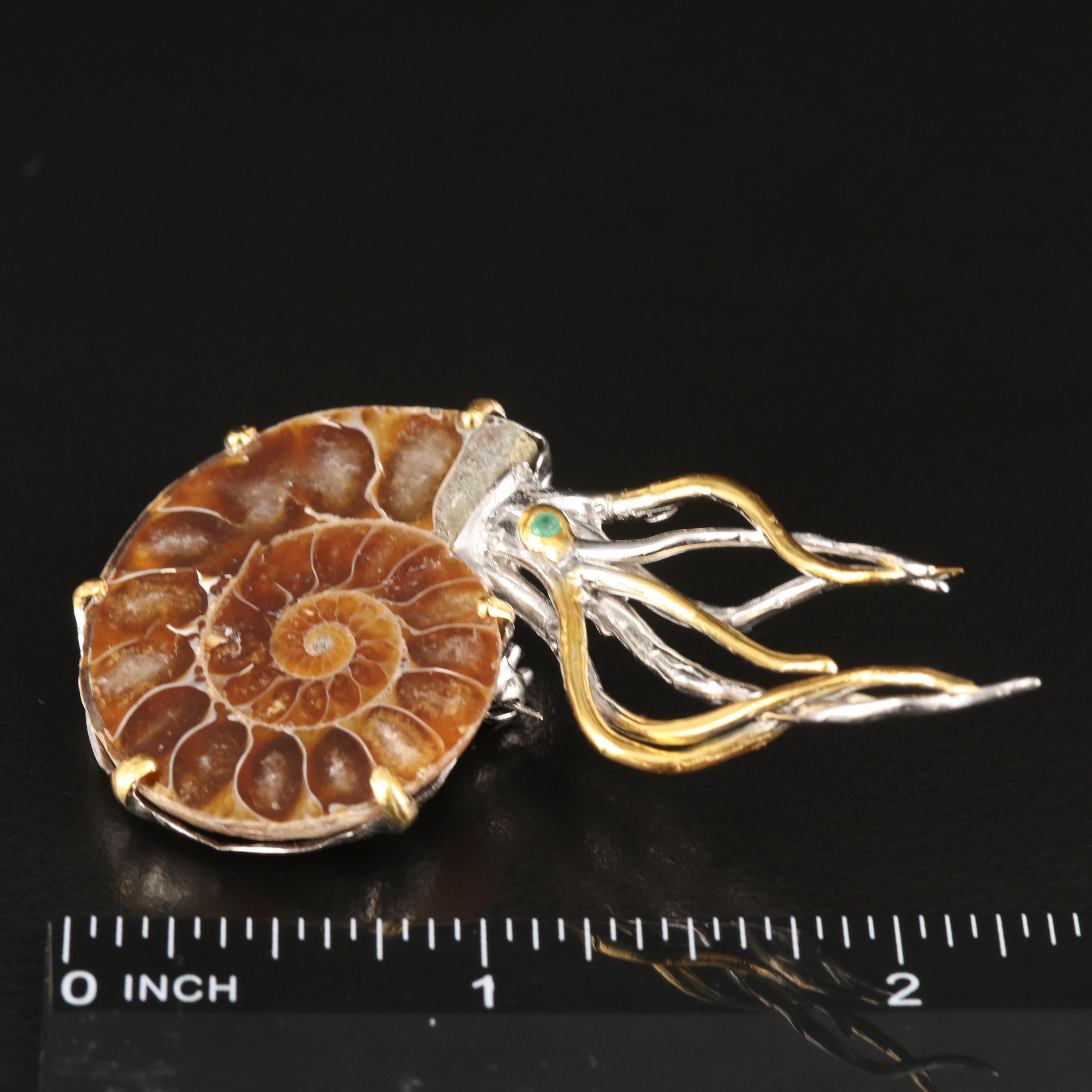 Sterling Ammonite and Emerald Nautilus Brooch