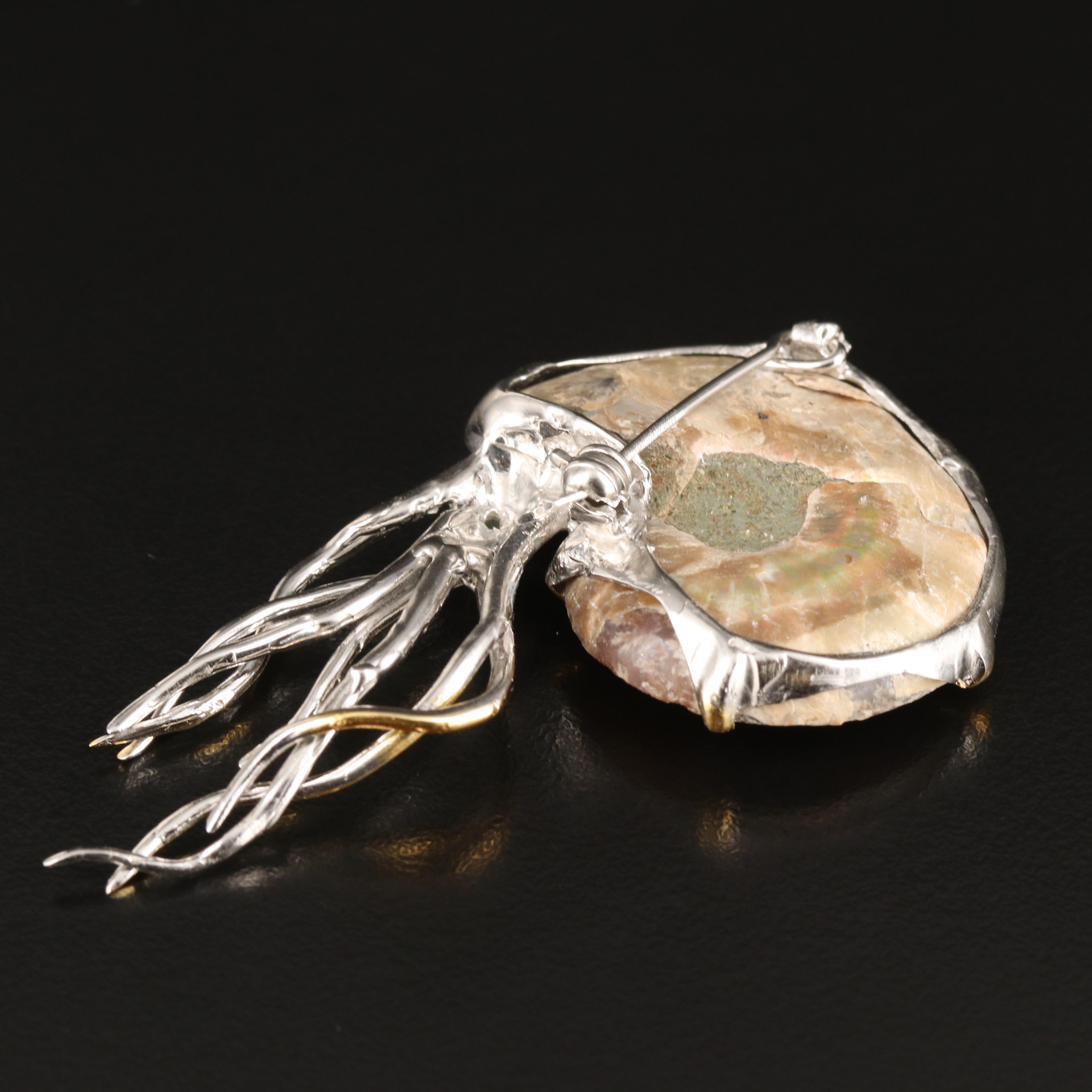 Sterling Ammonite and Emerald Nautilus Brooch