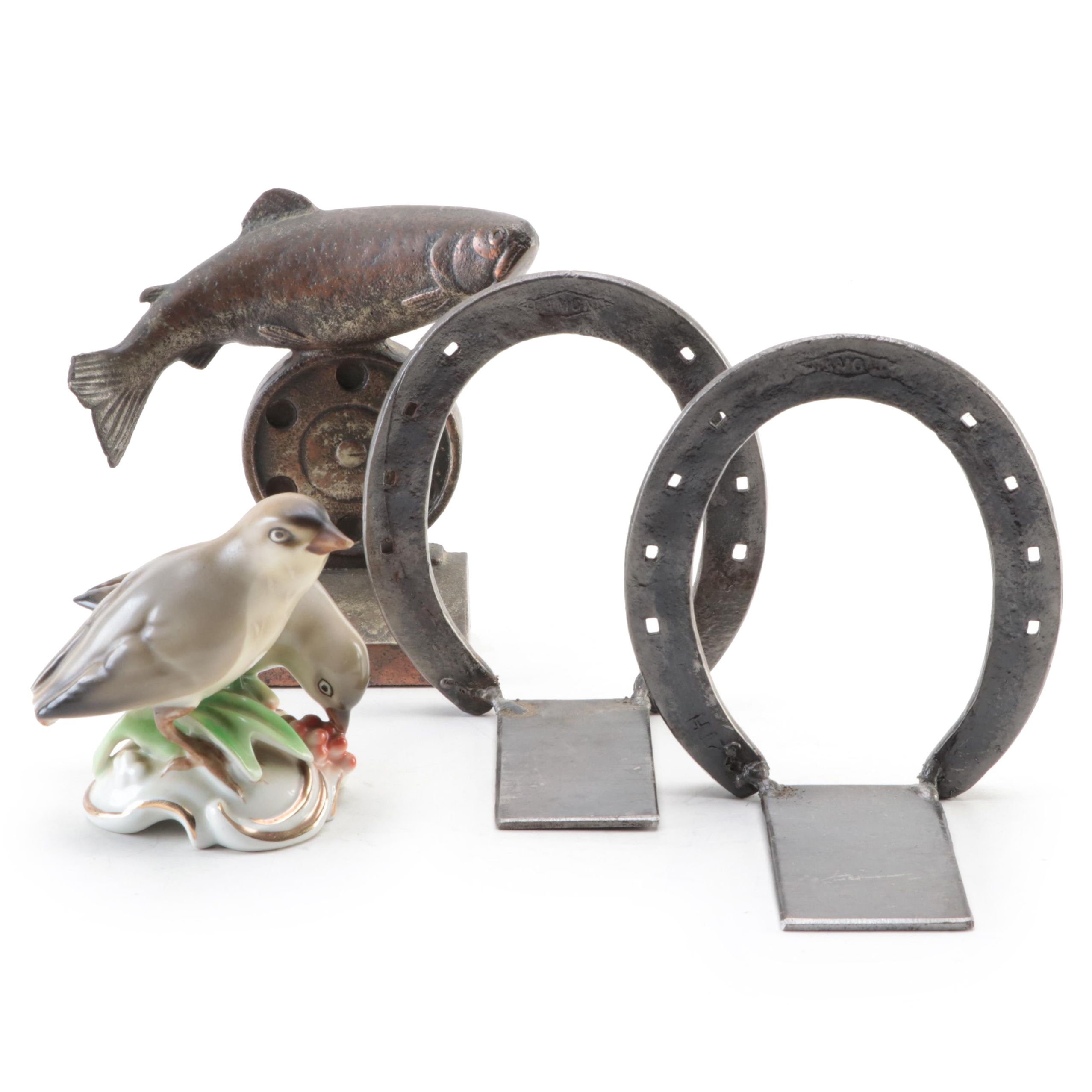 Cast Iron Horseshoe Bookends with Trout and Reel Bookend and Porcelain Figurine