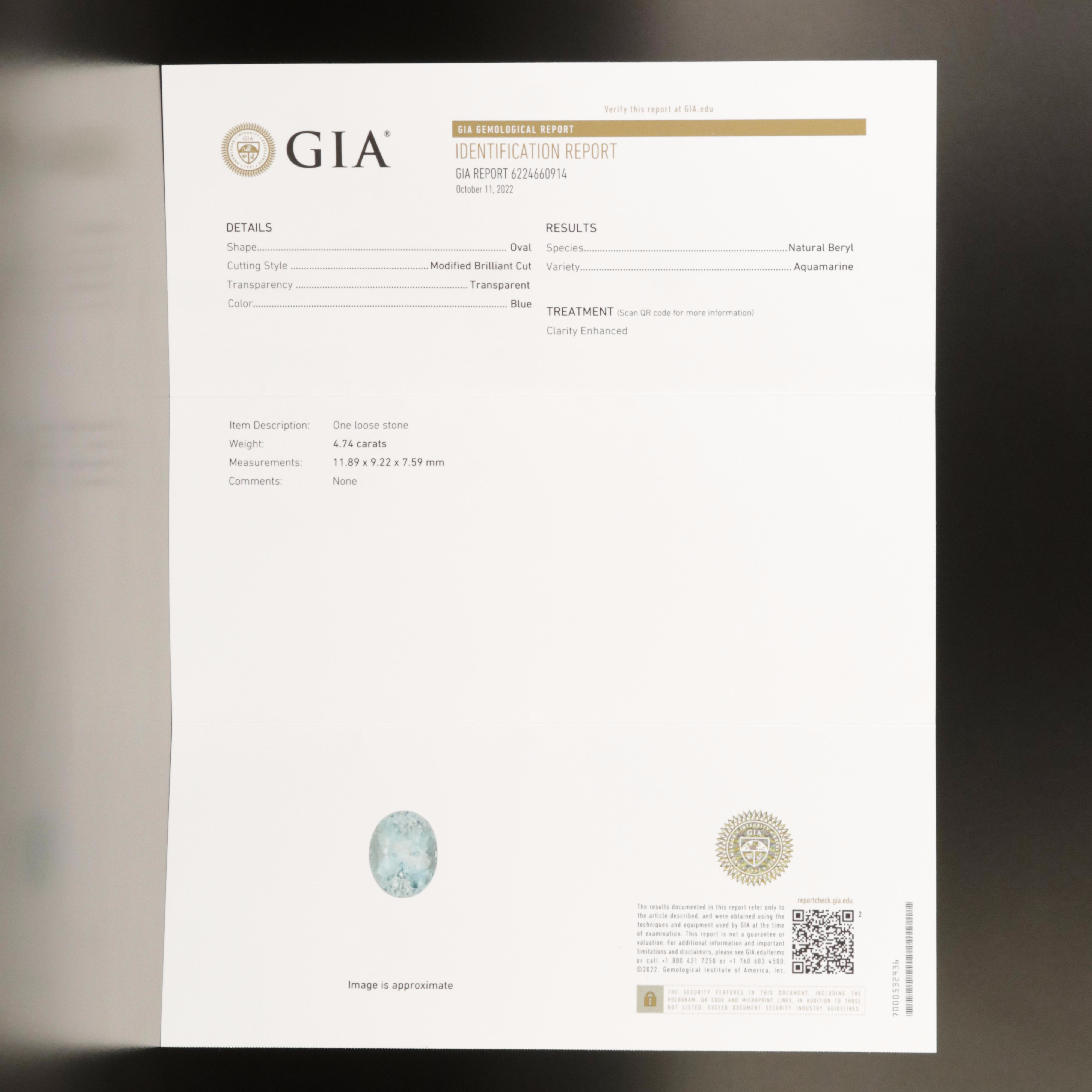 14K 4.74 CT Aquamarine and 1.05 CTW Diamond Ring with GIA Report