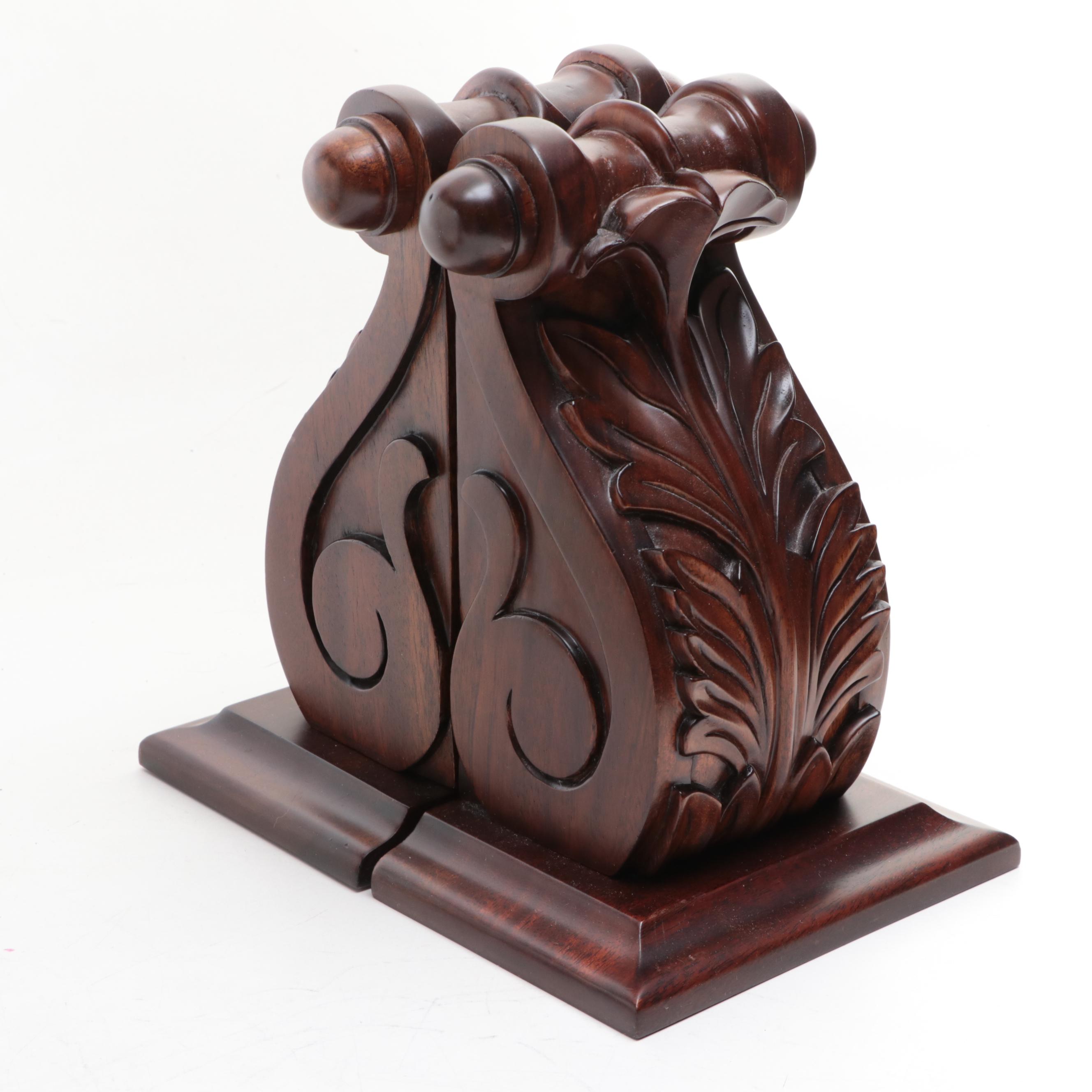 Carved Mahogany Corbels, Cast Iron and Silver Finished Feather Bookends