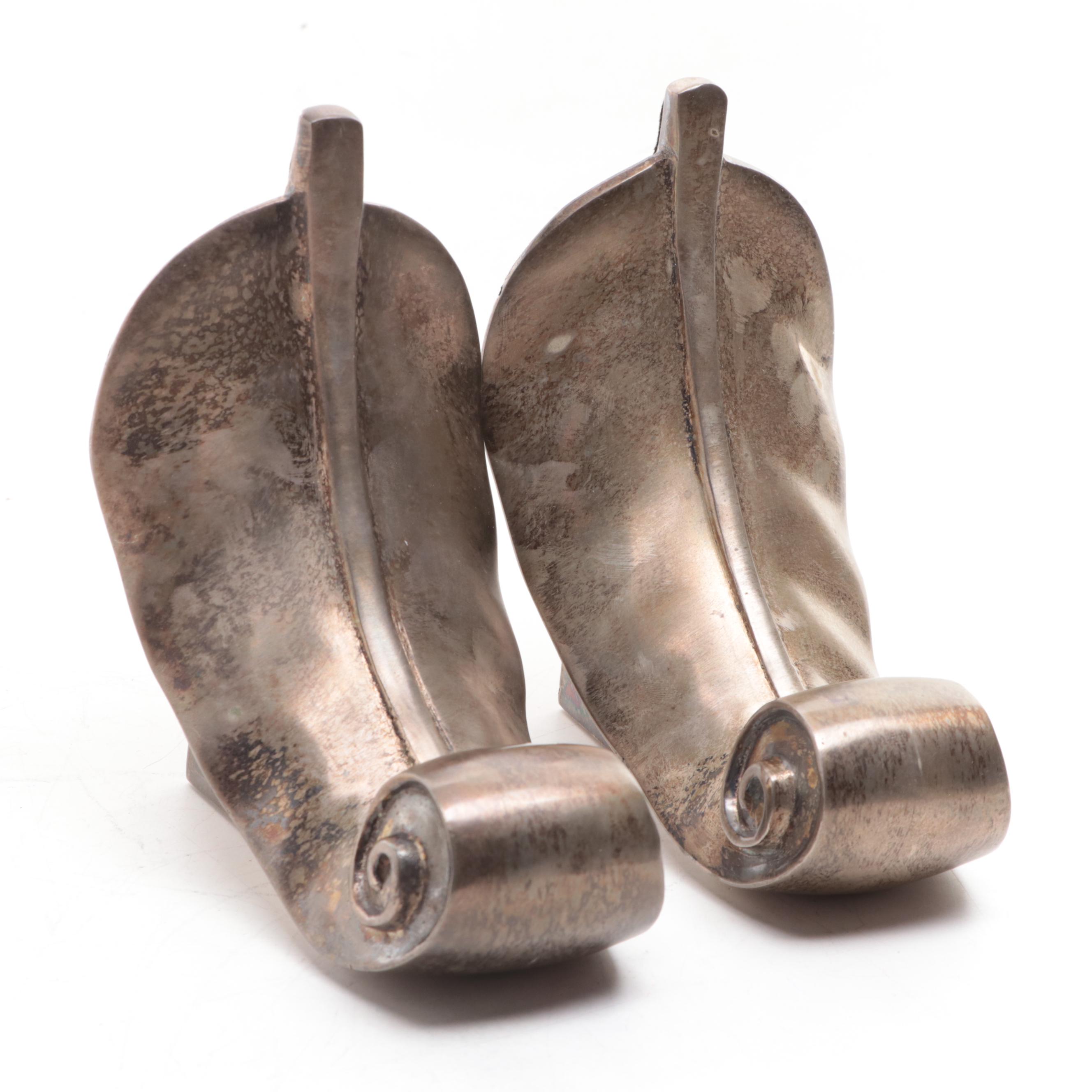 Carved Mahogany Corbels, Cast Iron and Silver Finished Feather Bookends