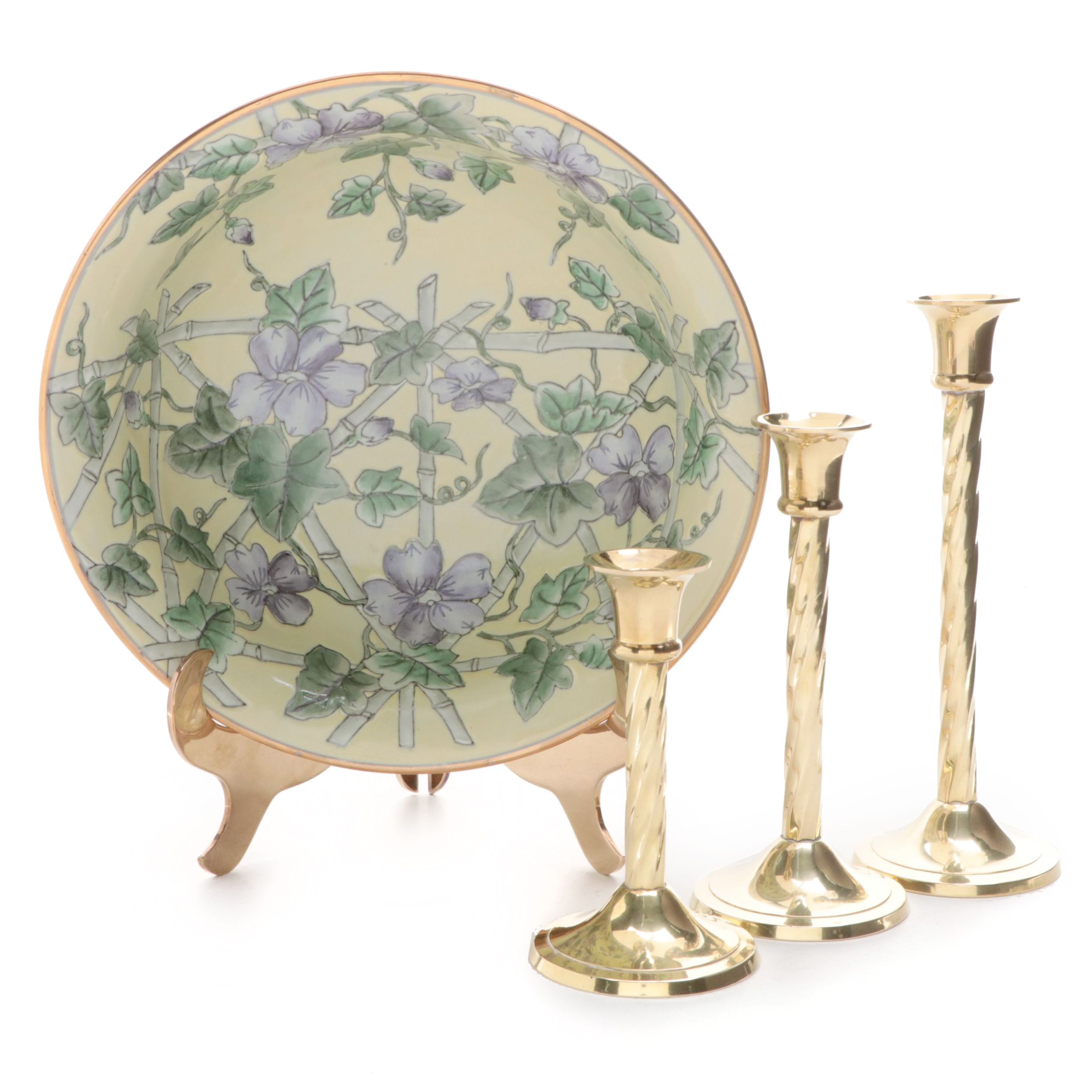 Andrea by Sadek Chinese Style Porcelain Bowl With Brass Twist Candlesticks