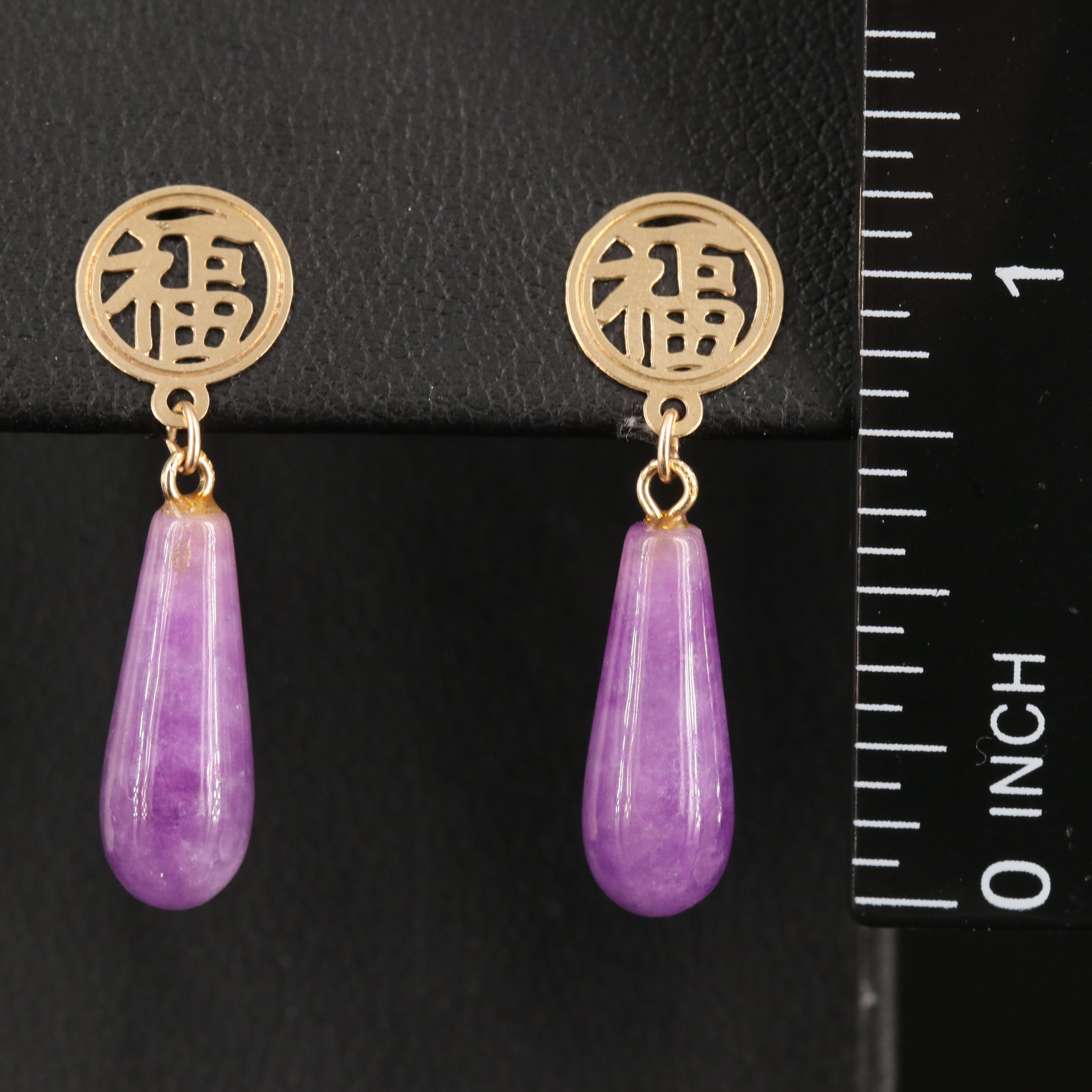 14K Jadeite Good Fortune Teardrop Earrings