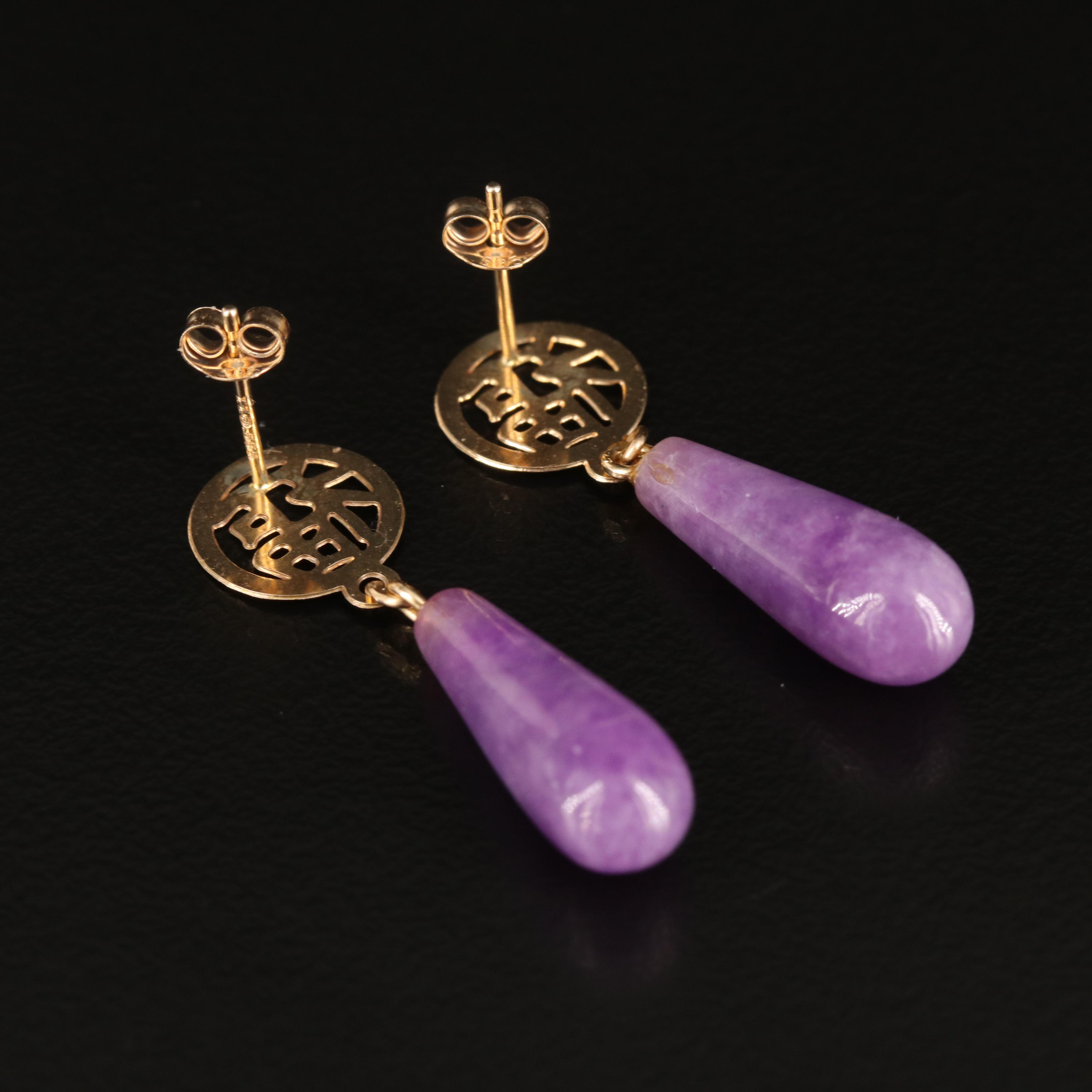 14K Jadeite Good Fortune Teardrop Earrings