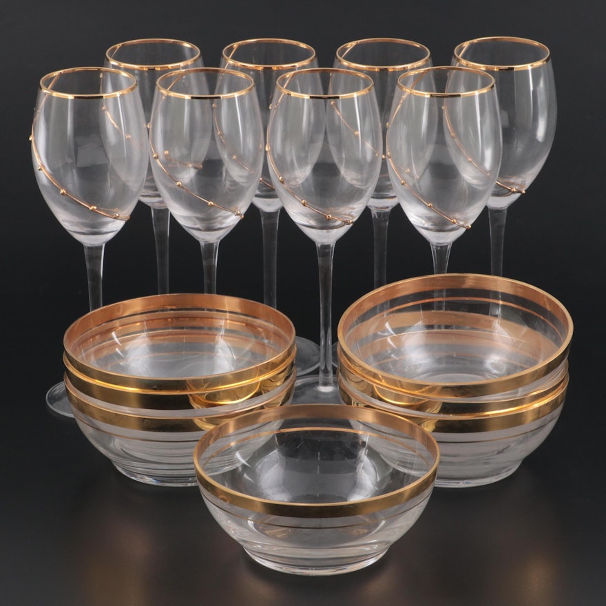Gilt Rimmed Glass Dessert Bowls and Wine Glasses, Late 20th Century