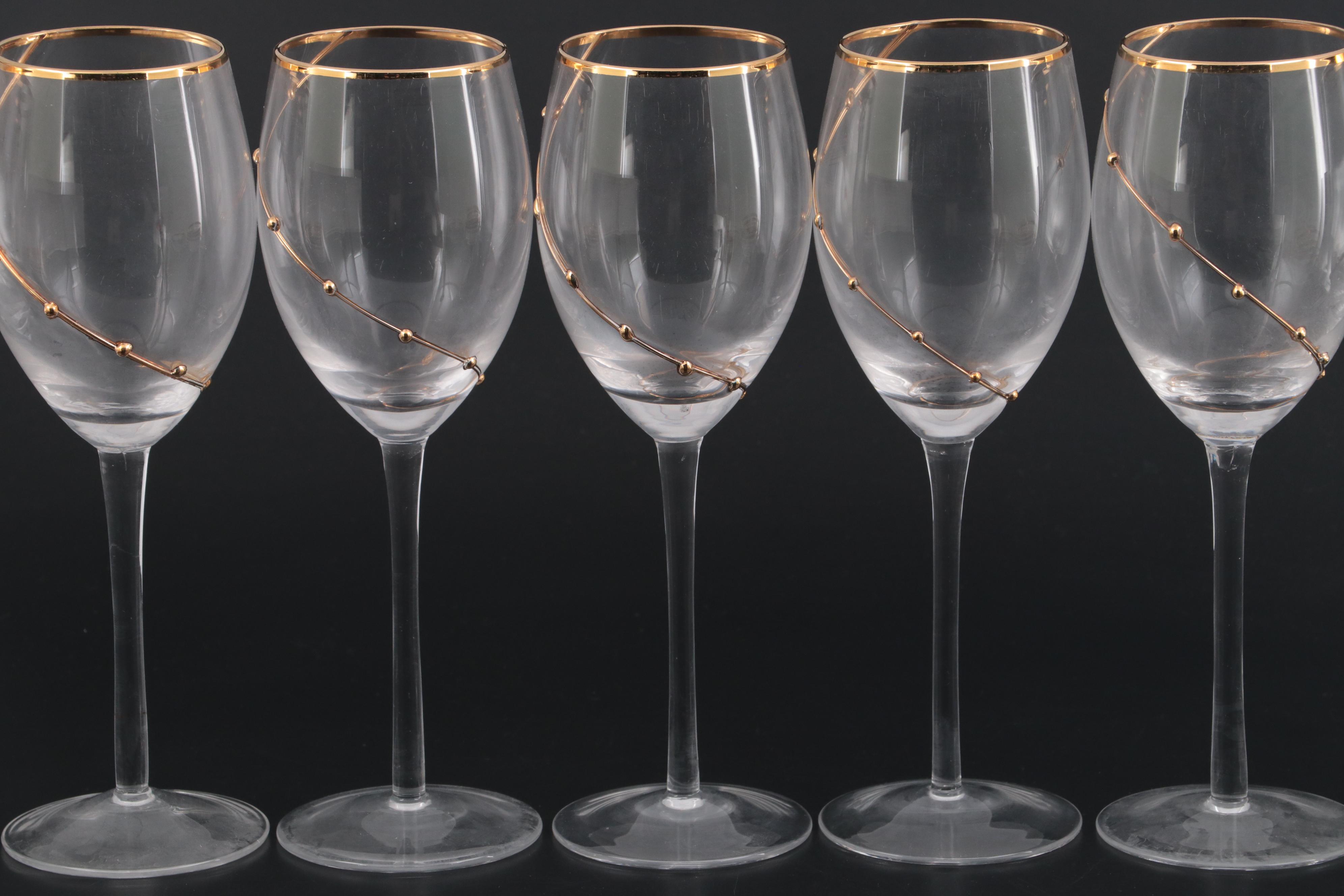 Gilt Rimmed Glass Dessert Bowls and Wine Glasses, Late 20th Century