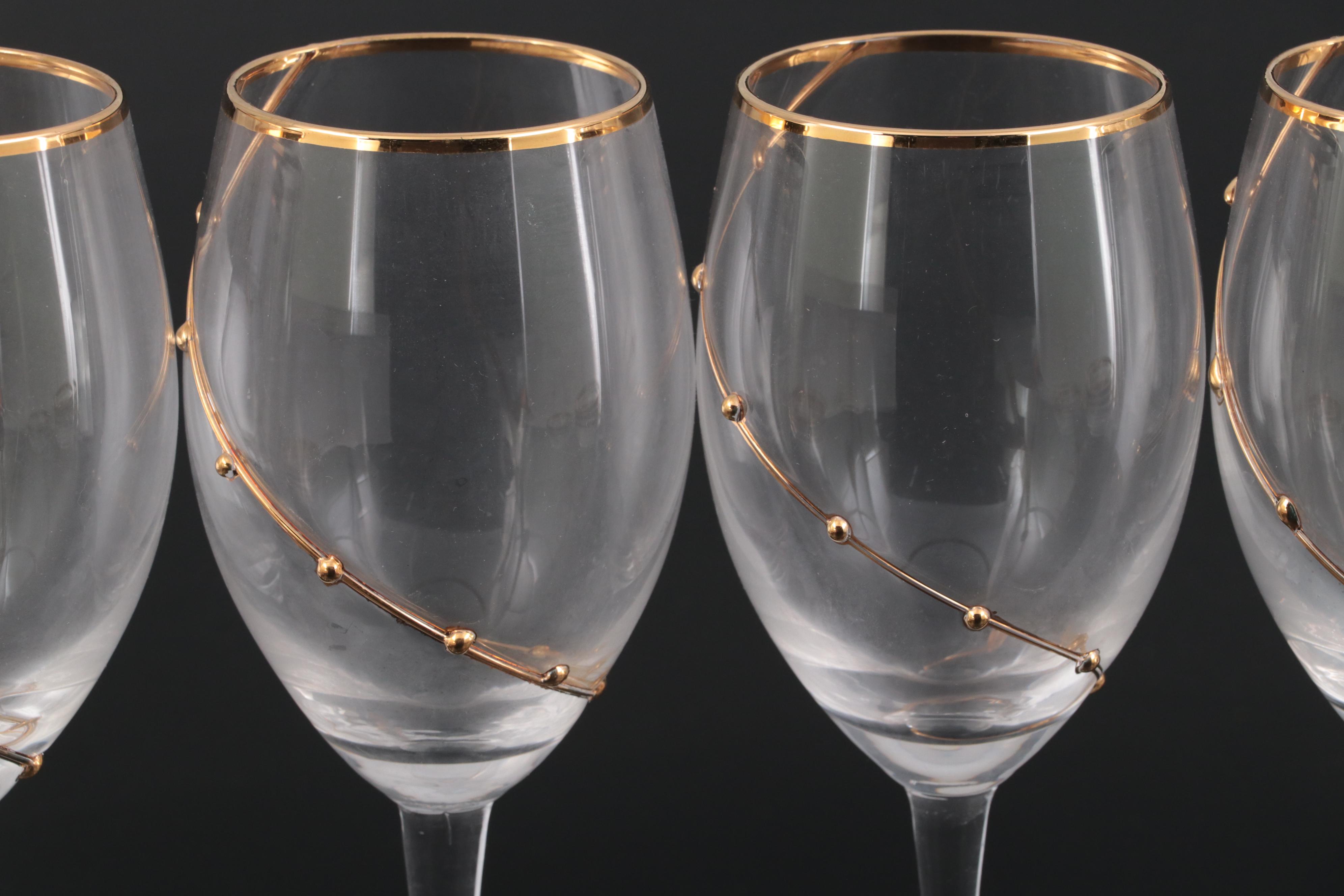 Gilt Rimmed Glass Dessert Bowls and Wine Glasses, Late 20th Century